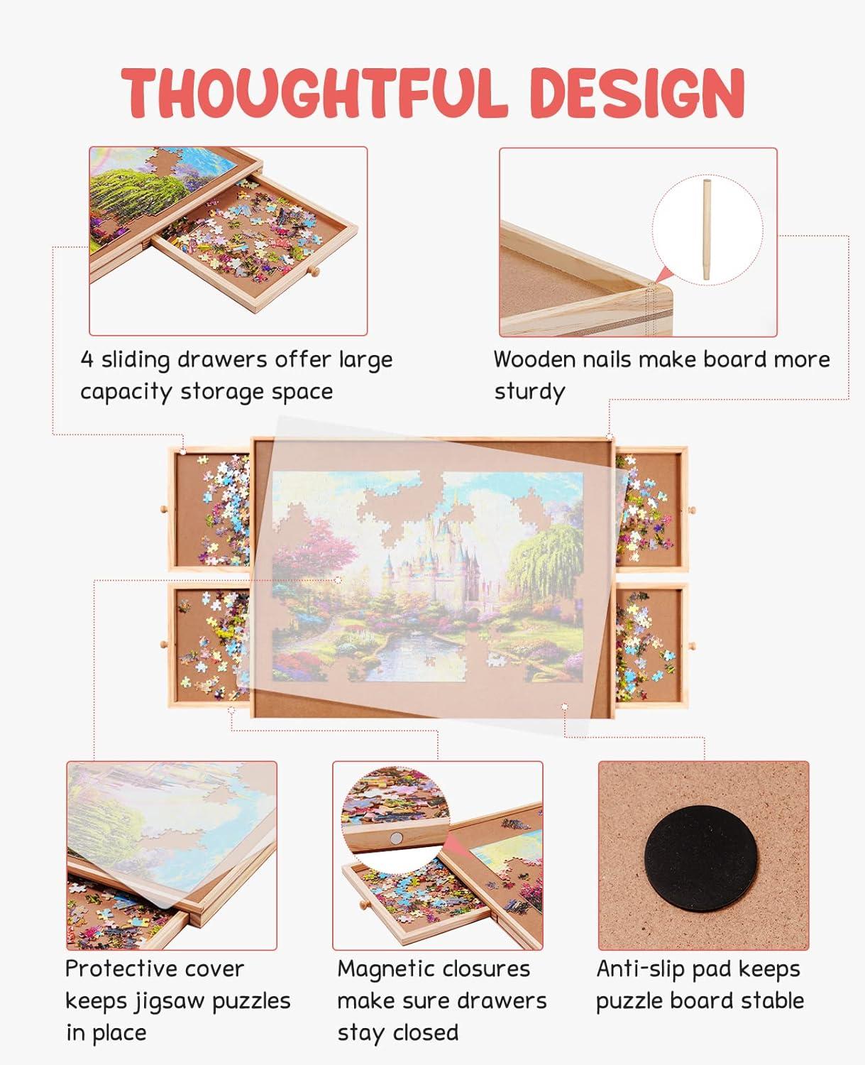 Gamenote 1500 Piece Jigsaw Puzzle Table with Cover, Portable Large Puzzle Board with Drawers for Storage, Wooden Smooth Plateau Work Surface for Kids & Family
