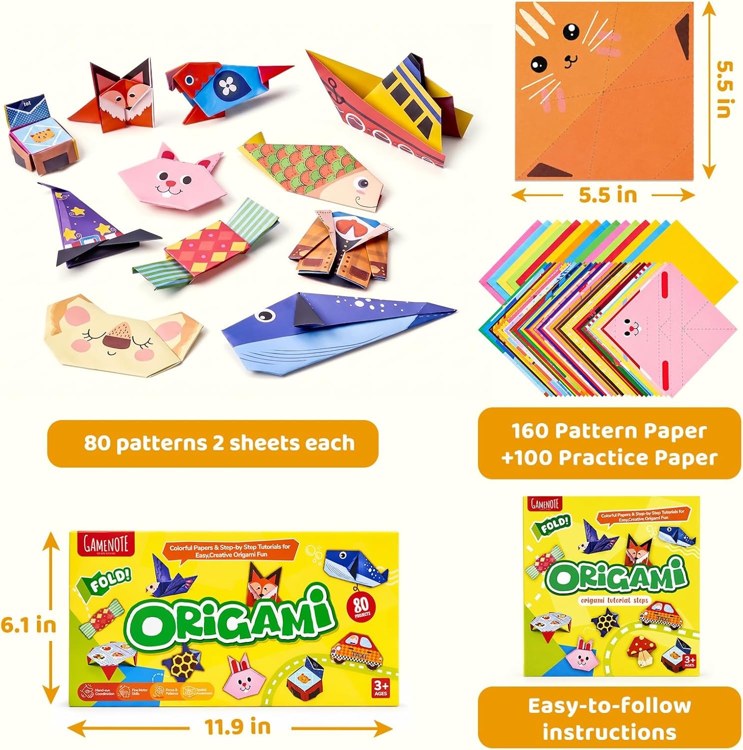 Gamenote Colorful Origami Kit for Kids 72 Projects 180 Double Sided Origami Paper 12 Sheets Practice Papers Instructional Origami Book Origami Gift for 4+ Girls Adult Beginners Training Craft, Unicorn(Animal)