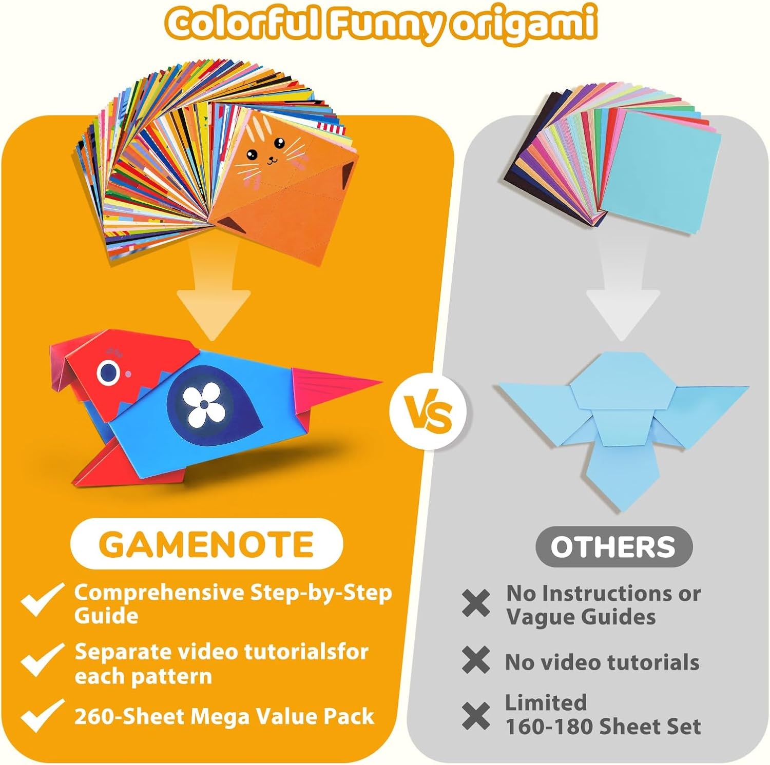 Gamenote Colorful Origami Kit for Kids 72 Projects 180 Double Sided Origami Paper 12 Sheets Practice Papers Instructional Origami Book Origami Gift for 4+ Girls Adult Beginners Training Craft, Unicorn(Animal)