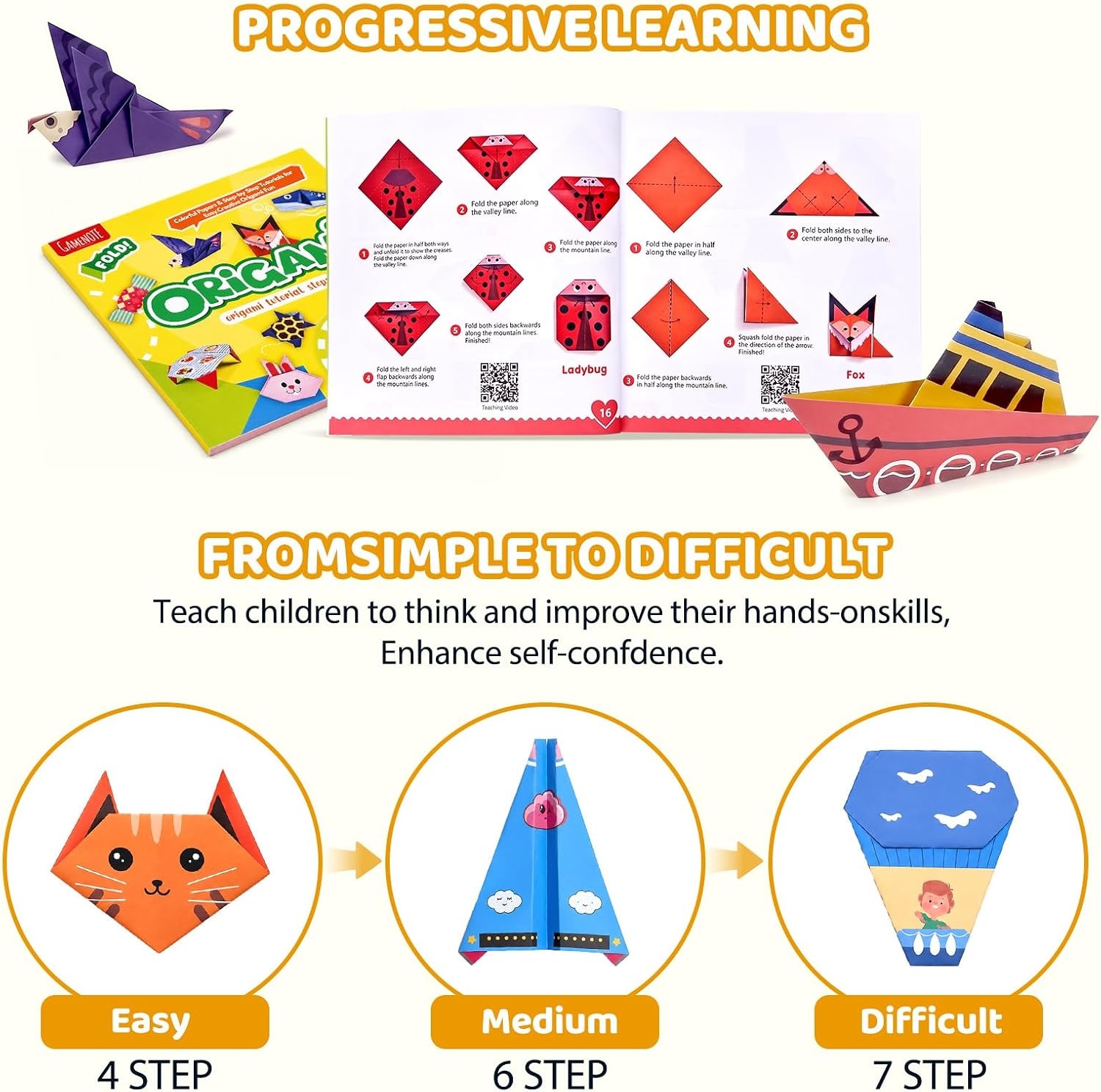 Gamenote Colorful Origami Kit for Kids 72 Projects 180 Double Sided Origami Paper 12 Sheets Practice Papers Instructional Origami Book Origami Gift for 4+ Girls Adult Beginners Training Craft, Unicorn(Animal)