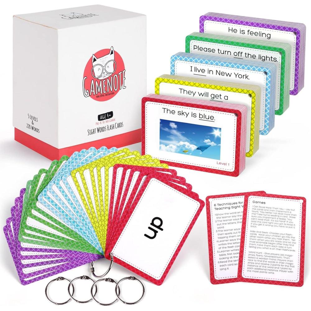 GAMENOTE Sight Words Kids Educational Flash Cards with Pictures & Sentences – 220 Dolch Big Word Games for Toddlers, Aged 3-9 Preschool Learning Activities(Pre K), Kindergarten, 1st, 2nd, 3rd Grade