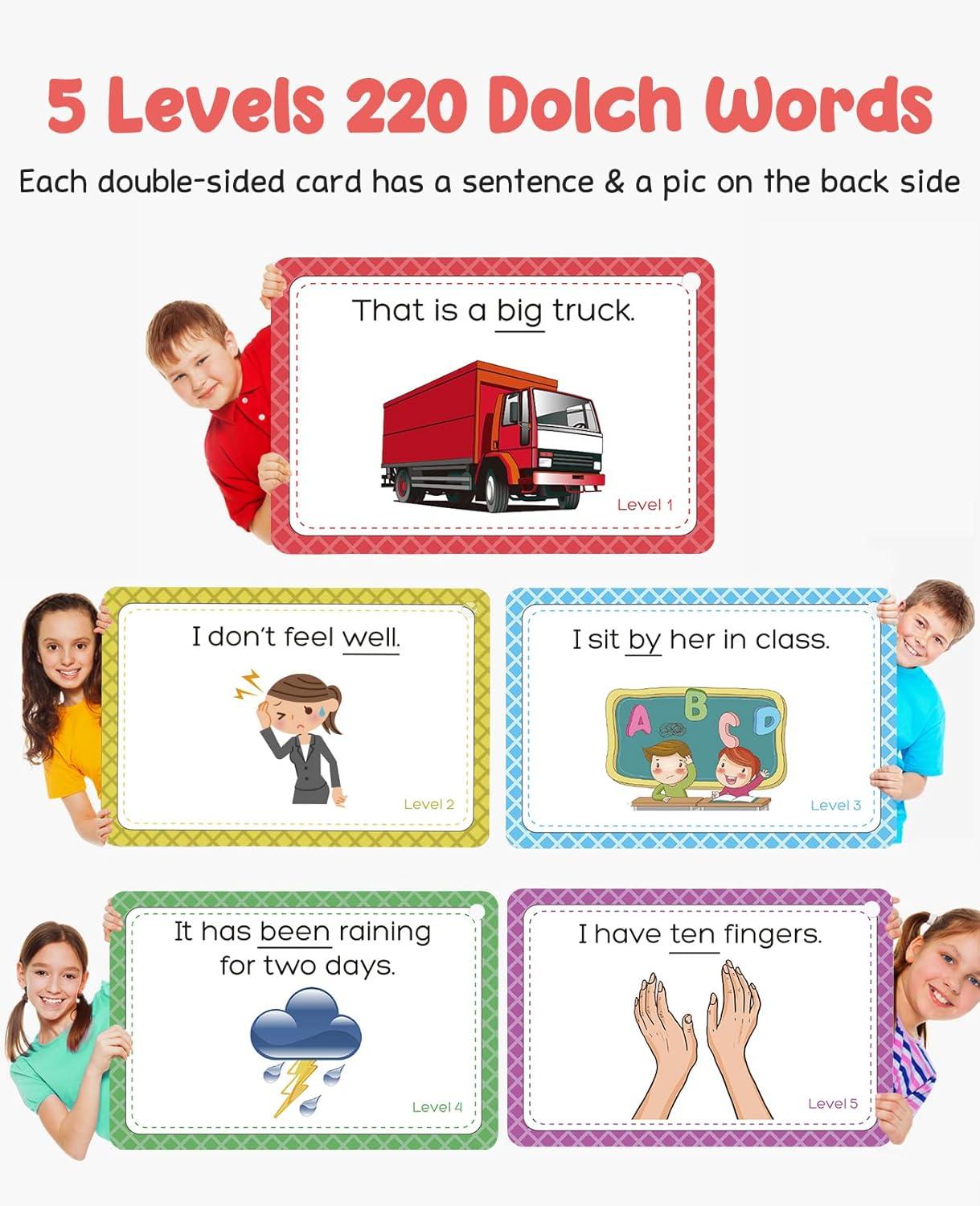 GAMENOTE Sight Words Kids Educational Flash Cards with Pictures & Sentences – 220 Dolch Big Word Games for Toddlers, Aged 3-9 Preschool Learning Activities(Pre K), Kindergarten, 1st, 2nd, 3rd Grade