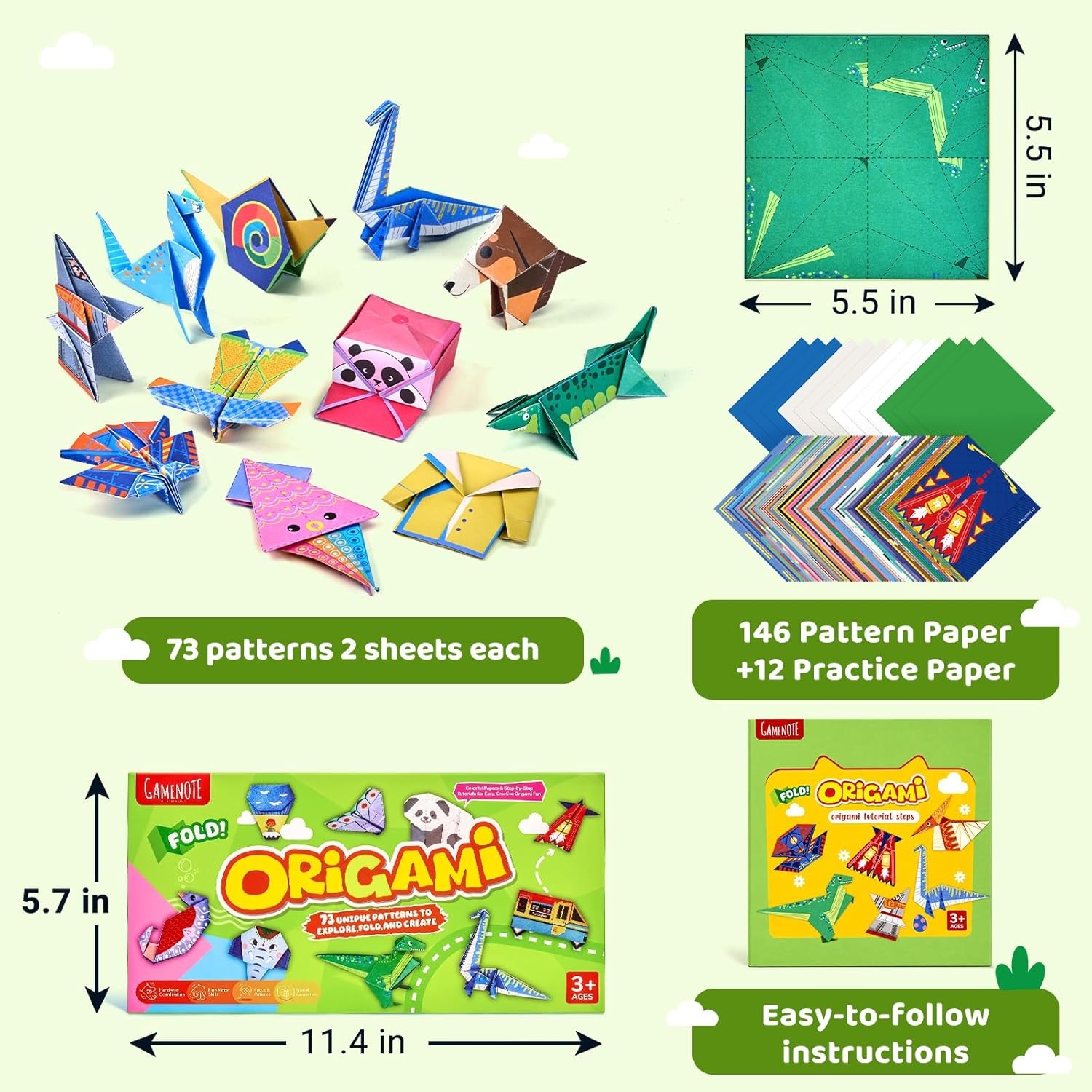 Gamenote Colorful Origami Kit for Kids 72 Projects 180 Double Sided Origami Paper 12 Sheets Practice Papers Instructional Origami Book Origami Gift for 4+ Girls Adult Beginners Training Craft, Unicorn(Dinosaur)