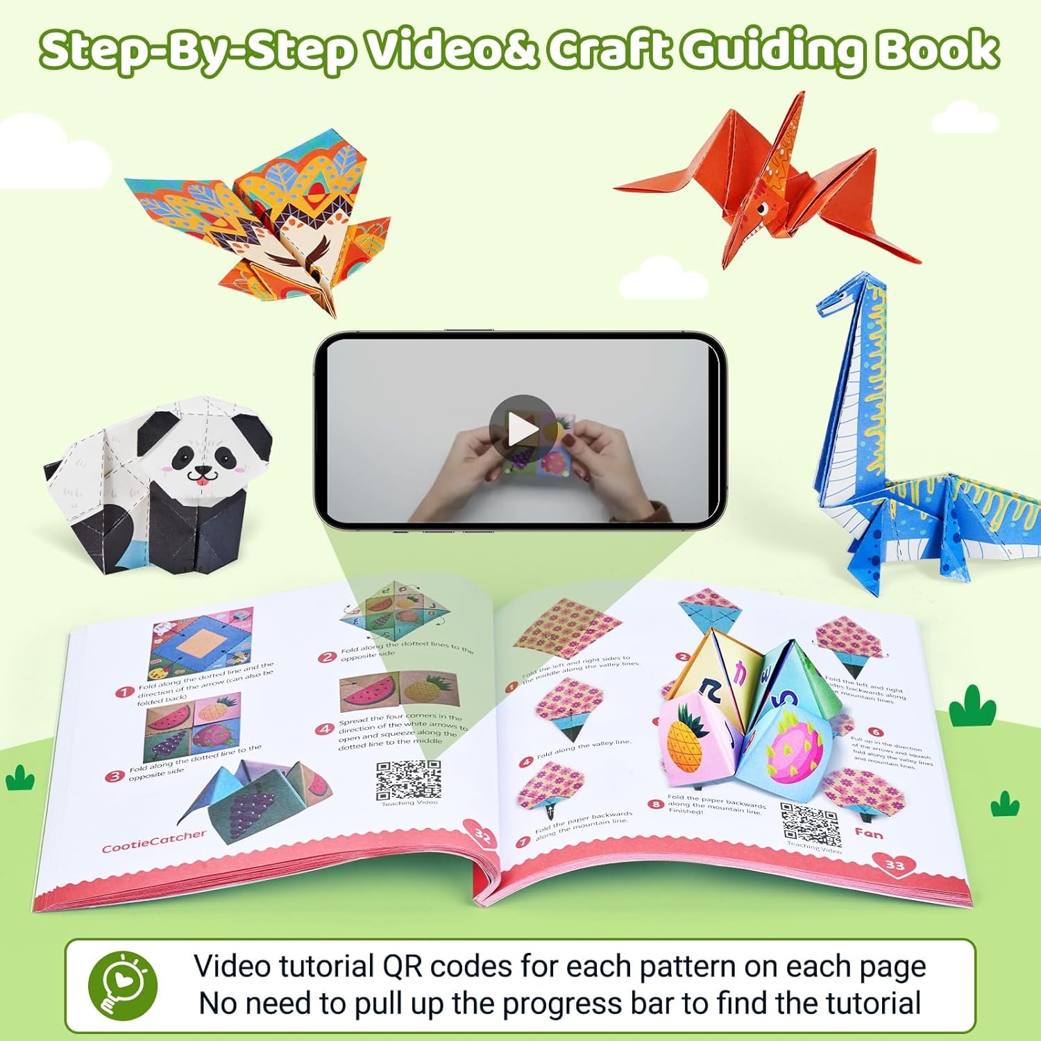 Gamenote Colorful Origami Kit for Kids 72 Projects 180 Double Sided Origami Paper 12 Sheets Practice Papers Instructional Origami Book Origami Gift for 4+ Girls Adult Beginners Training Craft, Unicorn(Dinosaur)