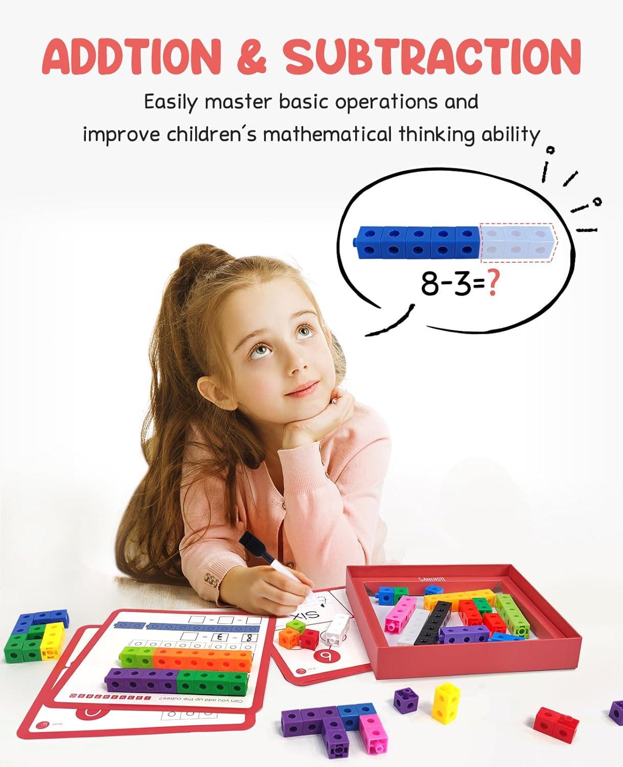 GAMENOTE 100pcs Math Cubes Manipulatives with 11 Activity Cards – Number Counting Blocks Toys Snap Linking Cube for Kids Kindergarten Learning Activities