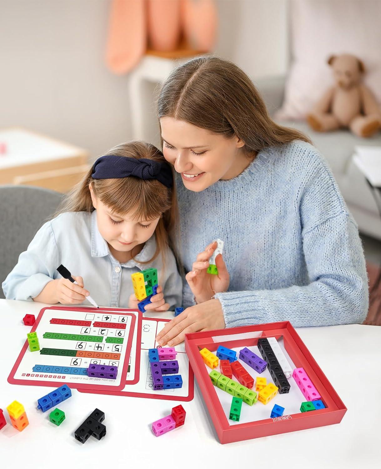 GAMENOTE 100pcs Math Cubes Manipulatives with 11 Activity Cards – Number Counting Blocks Toys Snap Linking Cube for Kids Kindergarten Learning Activities
