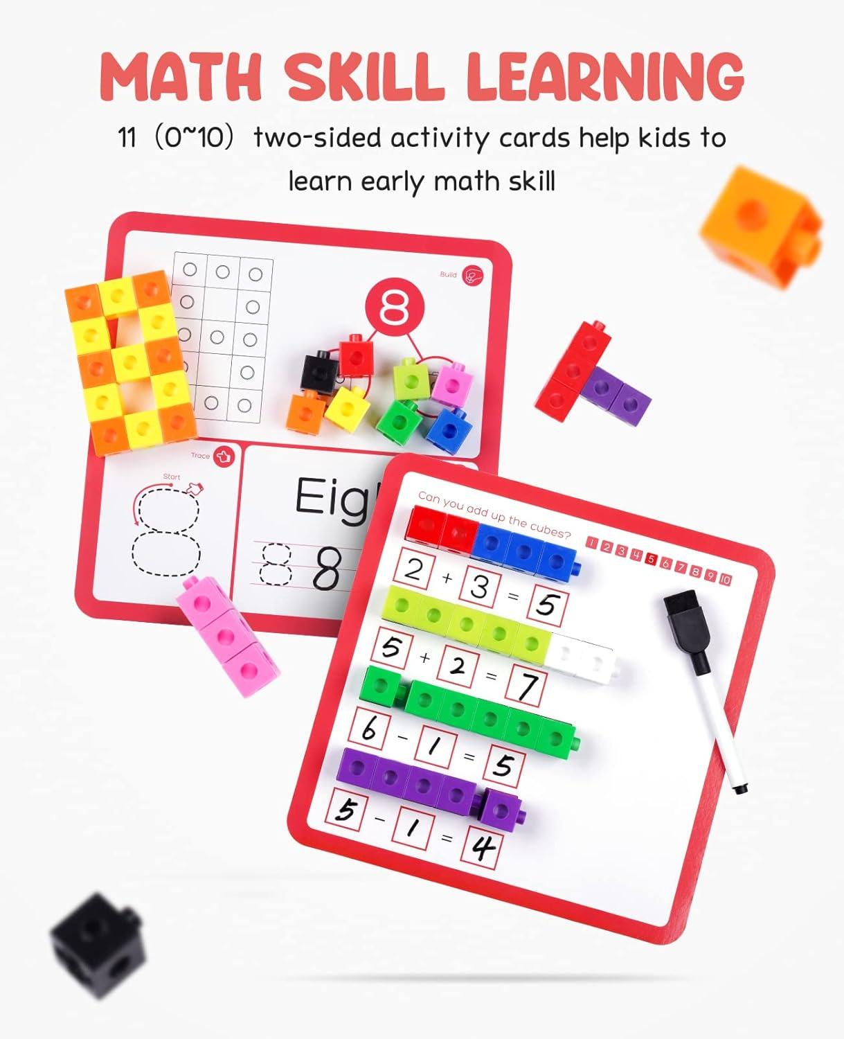 GAMENOTE 100pcs Math Cubes Manipulatives with 11 Activity Cards – Number Counting Blocks Toys Snap Linking Cube for Kids Kindergarten Learning Activities