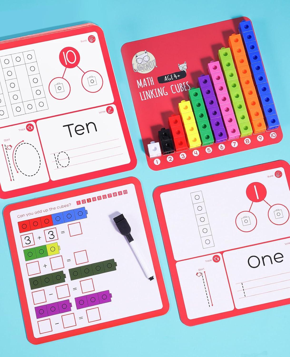 GAMENOTE 100pcs Math Cubes Manipulatives with 11 Activity Cards – Number Counting Blocks Toys Snap Linking Cube for Kids Kindergarten Learning Activities