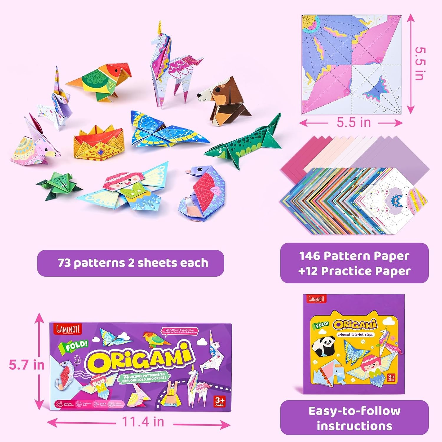Gamenote Colorful Origami Kit for Kids 72 Projects 180 Double Sided Origami Paper 12 Sheets Practice Papers Instructional Origami Book Origami Gift for 4+ Girls Adult Beginners Training Craft, Unicorn(Unicorn)