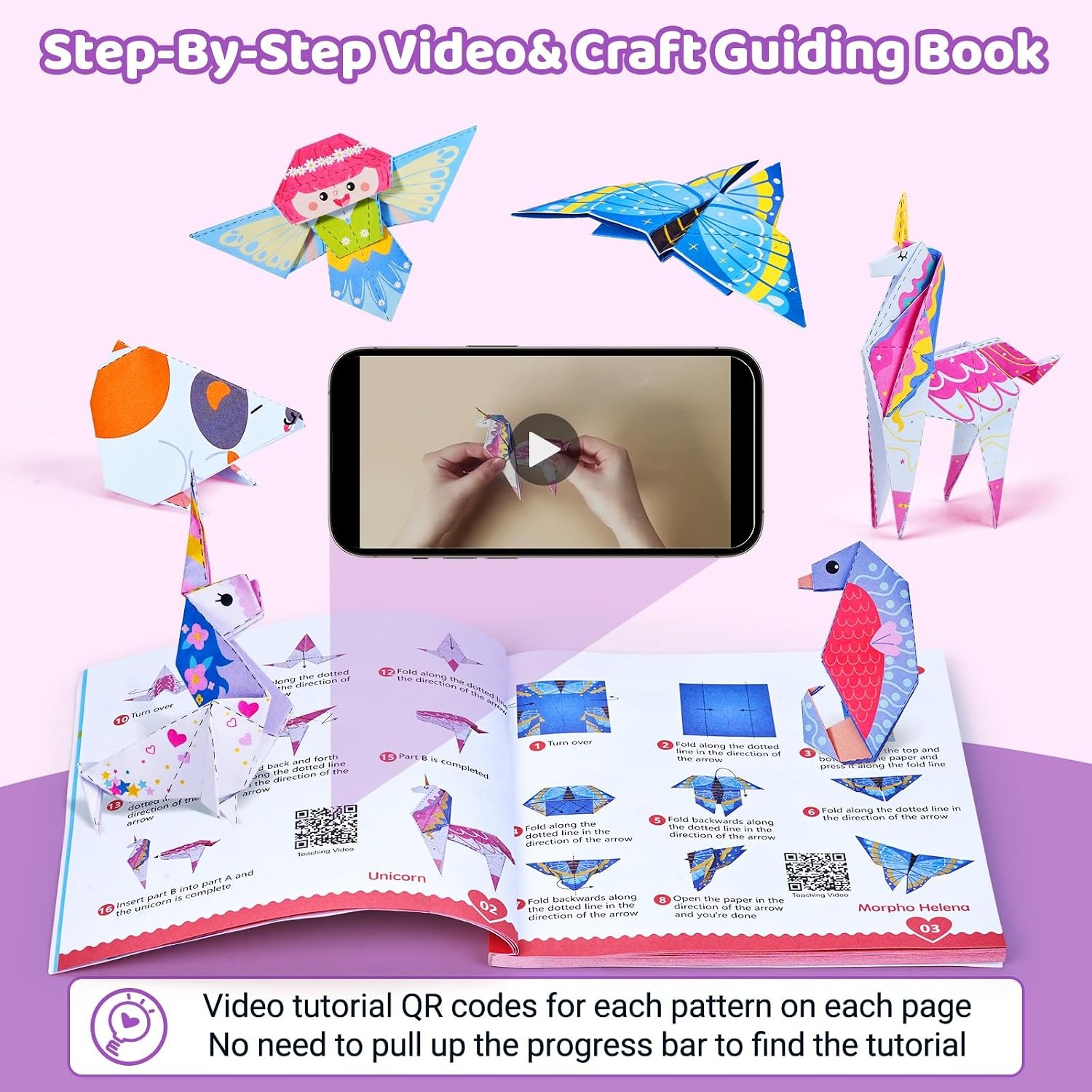 Gamenote Colorful Origami Kit for Kids 72 Projects 180 Double Sided Origami Paper 12 Sheets Practice Papers Instructional Origami Book Origami Gift for 4+ Girls Adult Beginners Training Craft, Unicorn(Unicorn)