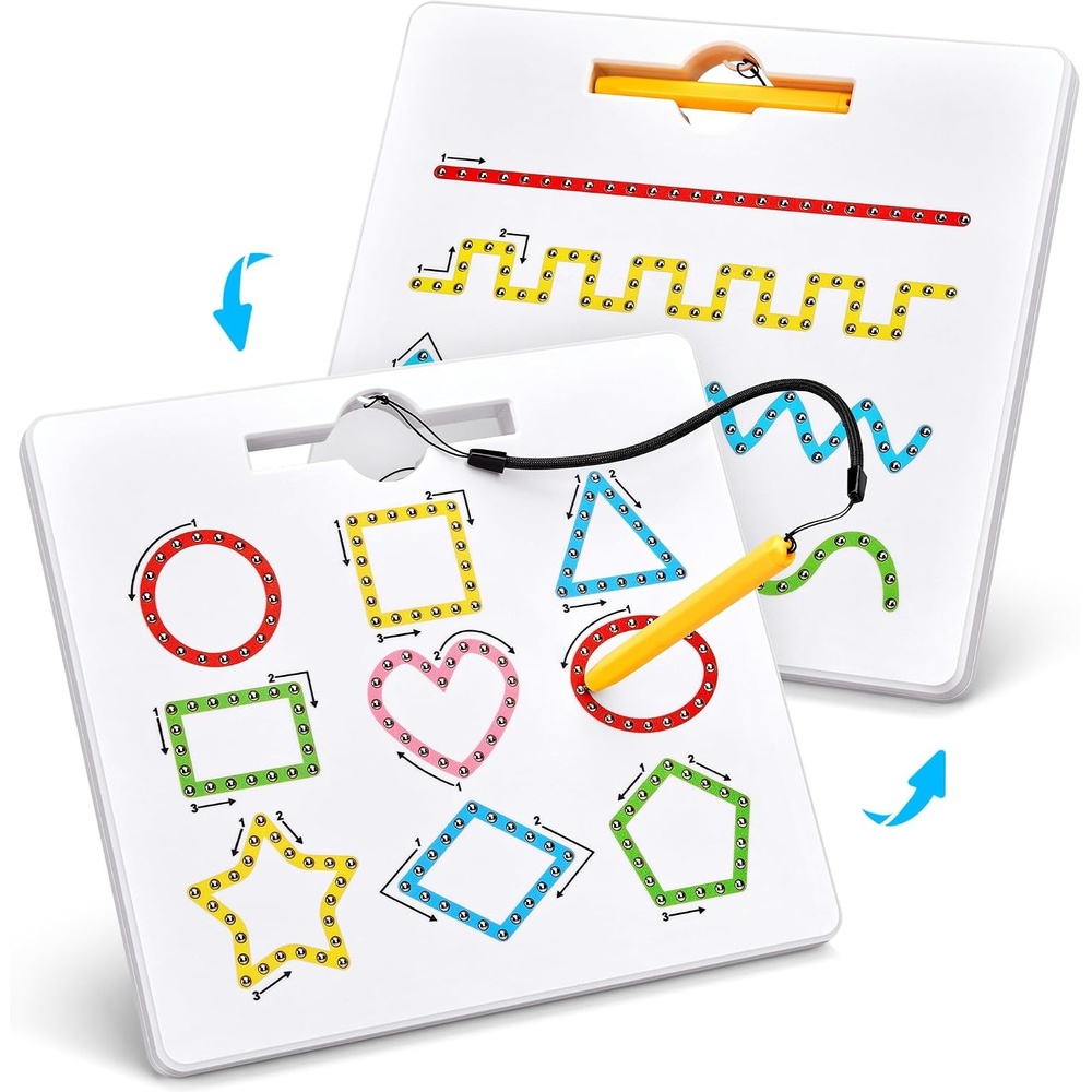 GAMENOTE Magnetic Shapes and Lines Tracing Board, 2-in-1 Double-Sided Pencil Control Practice Toy for Toddlers, Preschool Classroom Educational Learning, Road Trip Car Activities for Kids Ages 3-5(Shape)