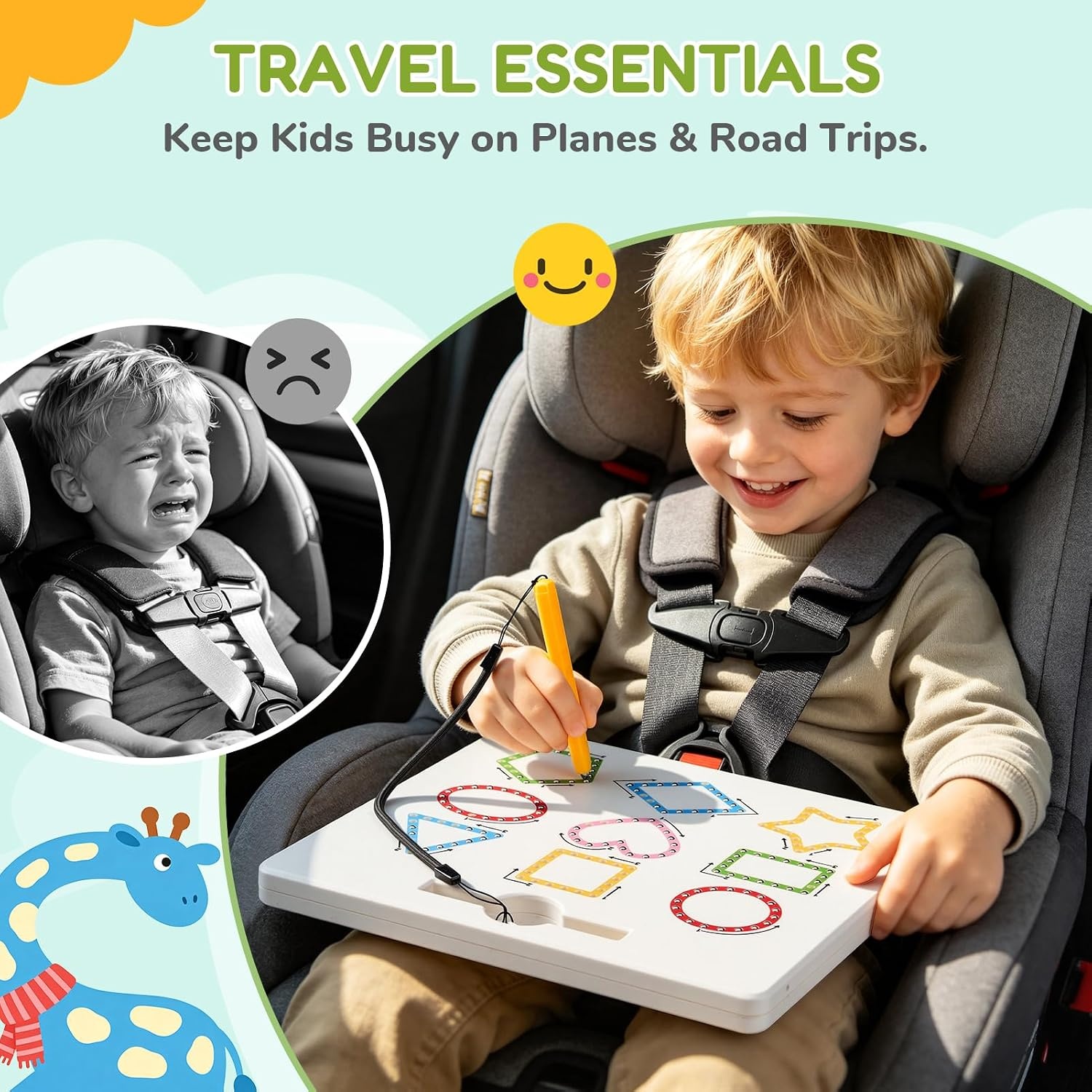 GAMENOTE Magnetic Shapes and Lines Tracing Board, 2-in-1 Double-Sided Pencil Control Practice Toy for Toddlers, Preschool Classroom Educational Learning, Road Trip Car Activities for Kids Ages 3-5(Shape)