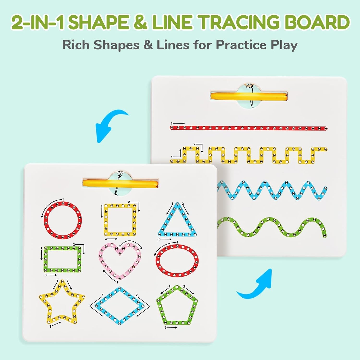 GAMENOTE Magnetic Shapes and Lines Tracing Board, 2-in-1 Double-Sided Pencil Control Practice Toy for Toddlers, Preschool Classroom Educational Learning, Road Trip Car Activities for Kids Ages 3-5(Shape)