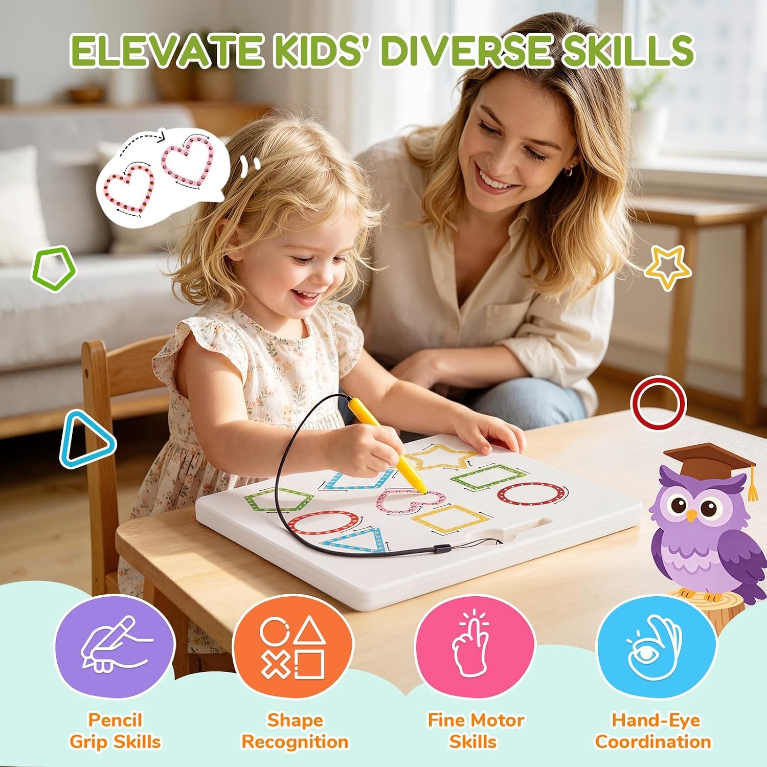 GAMENOTE Magnetic Shapes and Lines Tracing Board, 2-in-1 Double-Sided Pencil Control Practice Toy for Toddlers, Preschool Classroom Educational Learning, Road Trip Car Activities for Kids Ages 3-5(Shape)