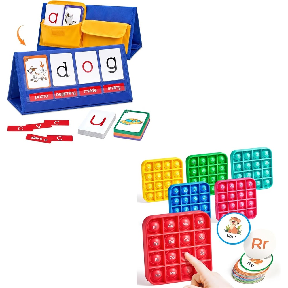 Word Building Desktop Pocket Chart Tent Flash Cards Kit+ Alphabet Bingo Game, CVC Words Phonics Games Blending Board for Kindergarten Reading and Spelling