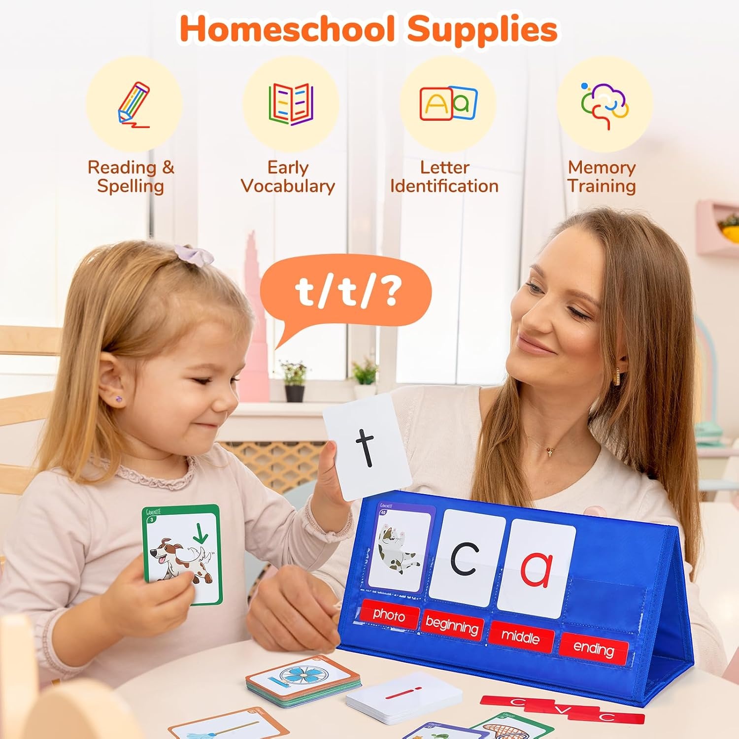 Word Building Desktop Pocket Chart Tent Flash Cards Kit+ Alphabet Bingo Game, CVC Words Phonics Games Blending Board for Kindergarten Reading and Spelling