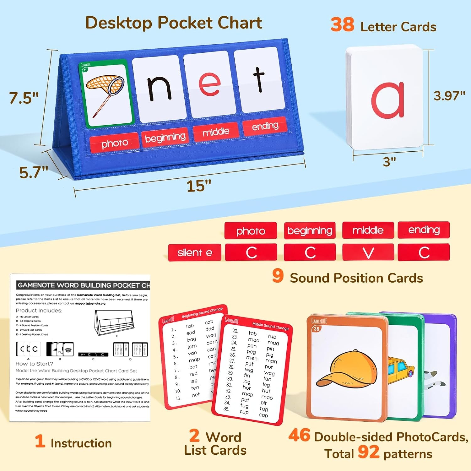Word Building Desktop Pocket Chart Tent Flash Cards Kit+ Alphabet Bingo Game, CVC Words Phonics Games Blending Board for Kindergarten Reading and Spelling