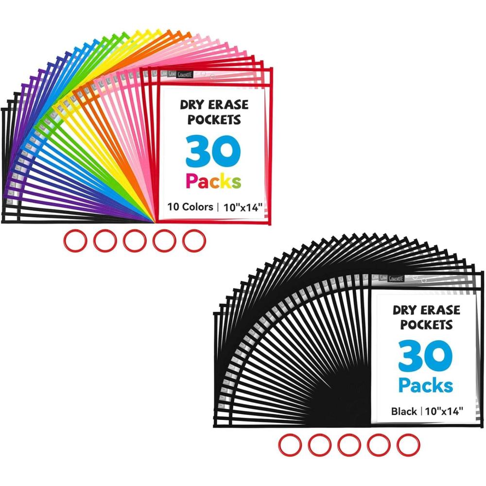 Gamenote Dry Erase Pockets 60 Pack with Rings, Reusable Sleeves Shop Job Ticket Holders Sheet Protectors, Teacher Supplies Must Have for Classroom