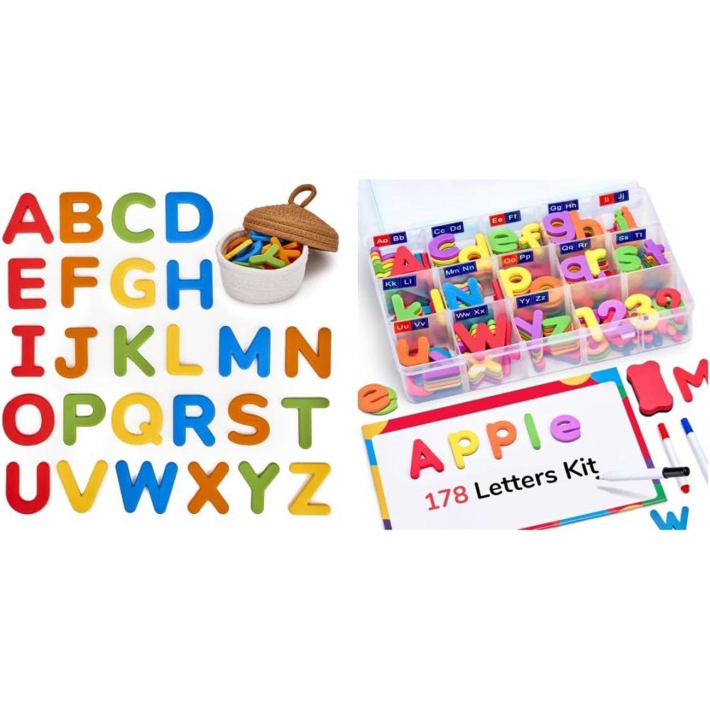 Gamenote Classroom Magnetic Alphabet Letters Kit 178Pcs with Double Side Magnet Board + JoyCat Silicone Alphabet Magnetic Letters, 26 Uppercase ABC Fridge Magnets