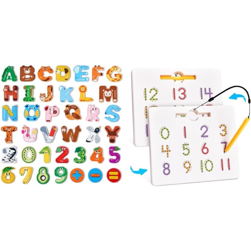 Gamenote Magnetic Number Tracing Board+JoyCat Magnetic Letters and Numbers Fridge Magnets, 26 Uppercase Letters 0-9 Numbers