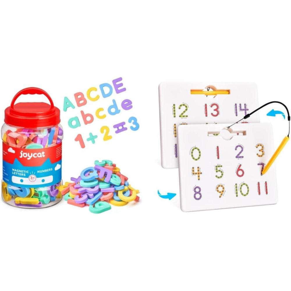 GAMENOTE Magnetic Number Tracing Board + JoyCat Magnetic Letters and Numbers, ABC 123 Alphabet Fridge Magnets for Toddlers & Kids