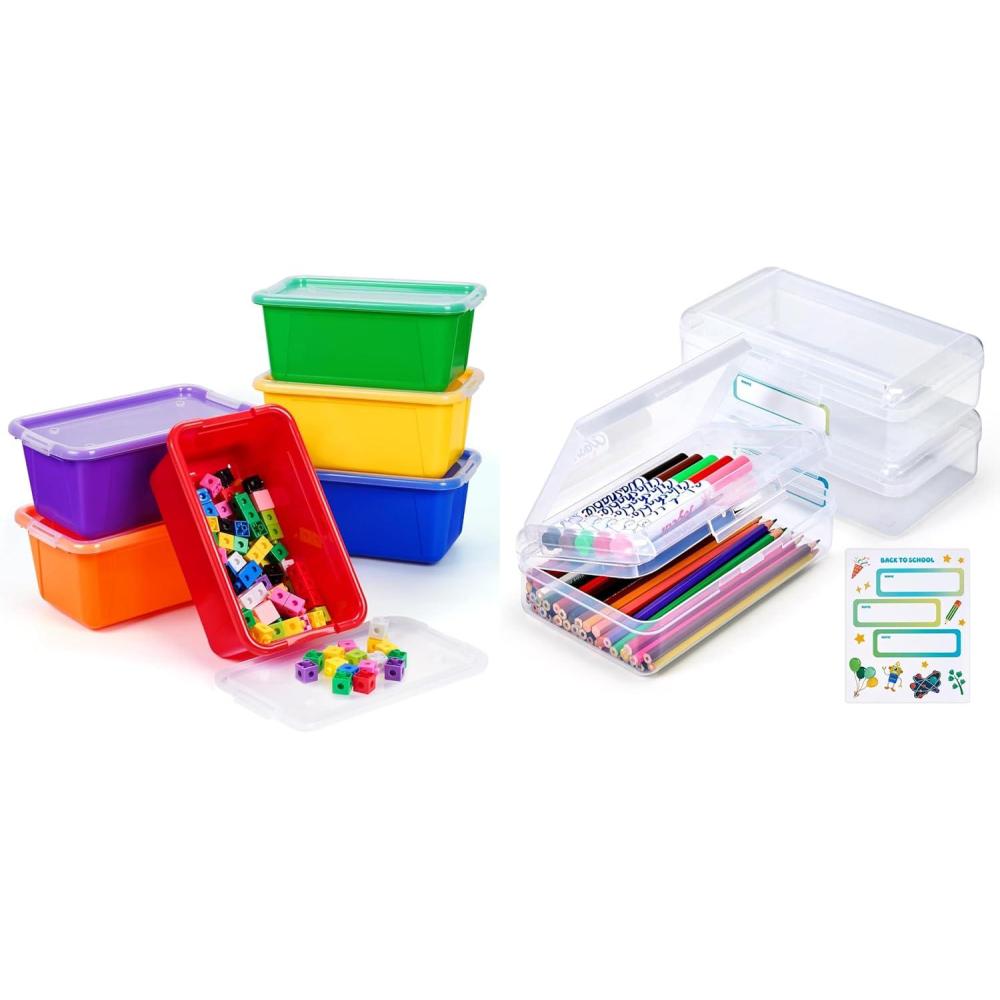 GAMENOTE Colored Plastic Storage Bins with Lids,Plastic Pencil Box with Personalized Sticker,Storage Box for Classroom