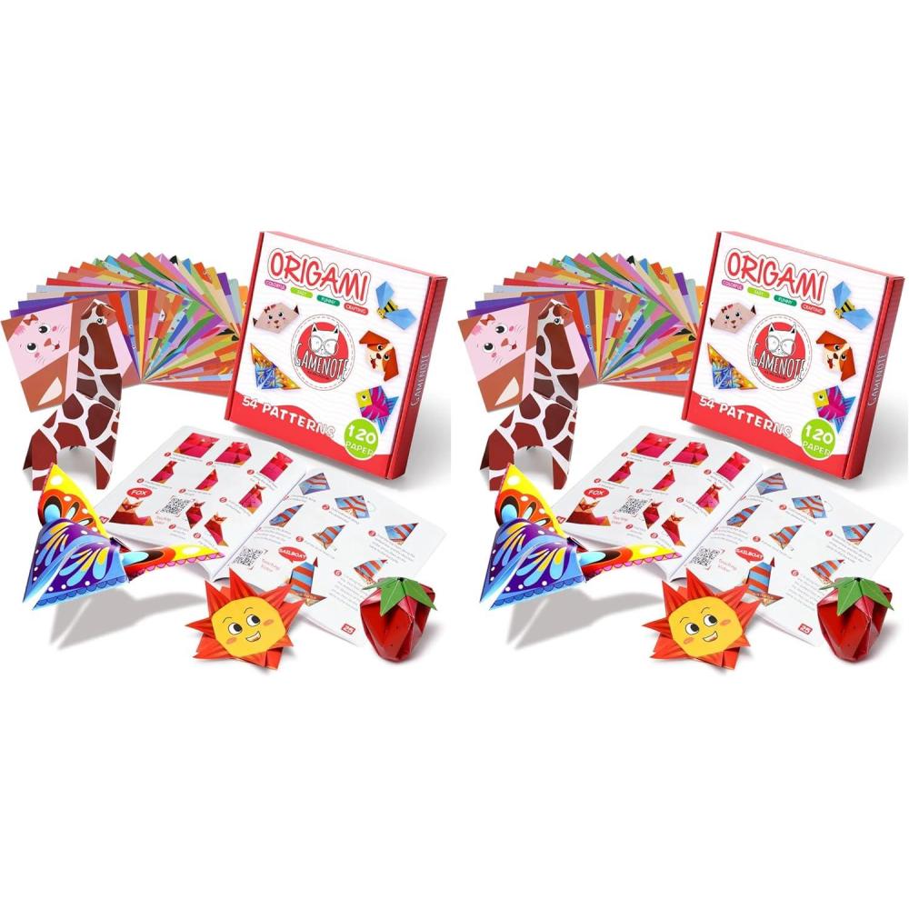 Gamenote Colorful Origami Kit for Kids 54 Projects 120 Double Sided Origami Paper 12 Sheets Practice Papers Instructional Origami Book Origami Gift for 4+ Girls Boys Adult Beginners Training Craft(14 cm x 14 cm (Pack of 2))