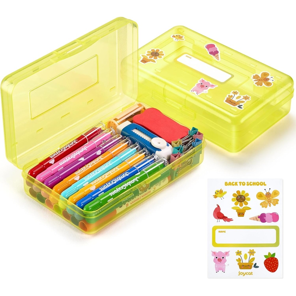 GAMENOTE Plastic Pencil Box with Personalized Sticker,Kid Hard Pencil Case with Snap-tight Lid,Small Art Craft Storage Containers,School Supplies Box for Boys,Girls (Blue)(Yellow)