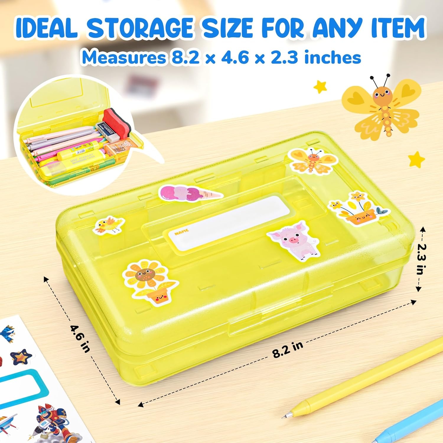 GAMENOTE Plastic Pencil Box with Personalized Sticker,Kid Hard Pencil Case with Snap-tight Lid,Small Art Craft Storage Containers,School Supplies Box for Boys,Girls (Blue)(Yellow)