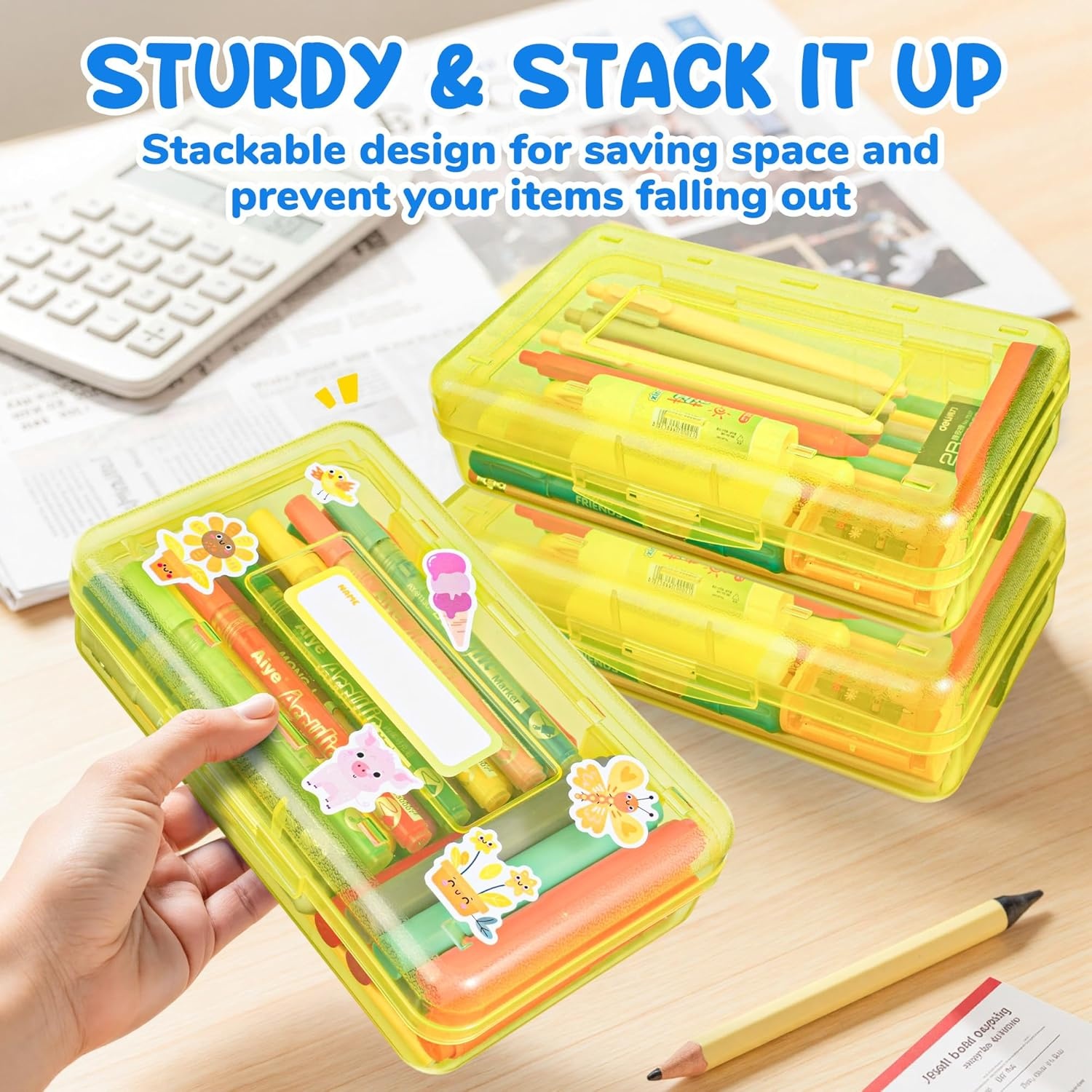 GAMENOTE Plastic Pencil Box with Personalized Sticker,Kid Hard Pencil Case with Snap-tight Lid,Small Art Craft Storage Containers,School Supplies Box for Boys,Girls (Blue)(Yellow)