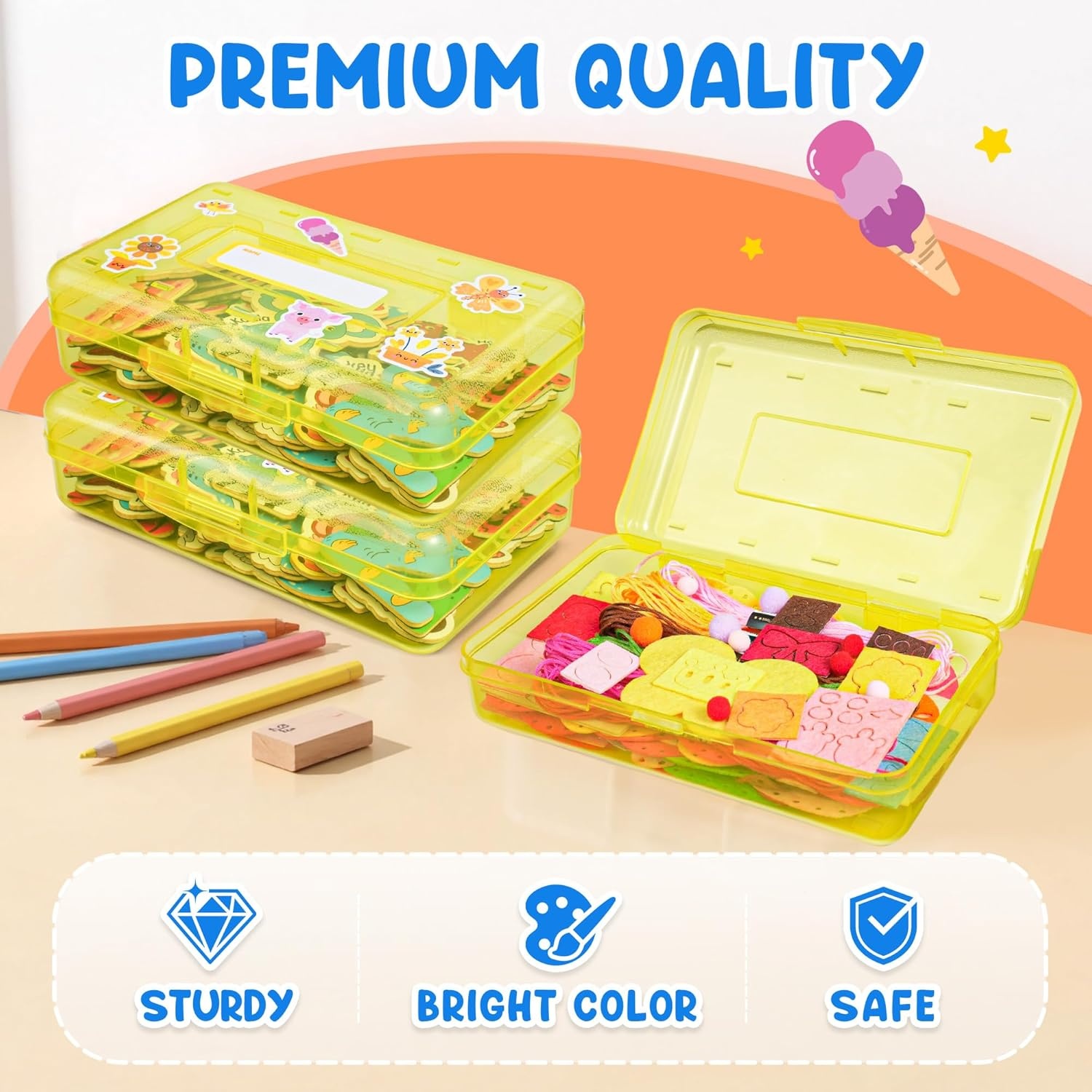 GAMENOTE Plastic Pencil Box with Personalized Sticker,Kid Hard Pencil Case with Snap-tight Lid,Small Art Craft Storage Containers,School Supplies Box for Boys,Girls (Blue)(Yellow)
