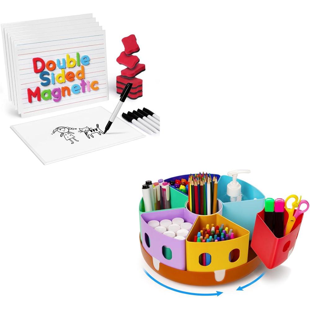 Gamenote 6 Pack Magnetic Small White Board Set & Rotating Art Supplies Organizer