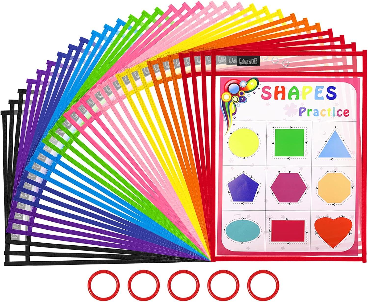 Gamenote 6 Pack Magnetic Small White Board Set & Dry Erase Pockets 30 Pack with Rings