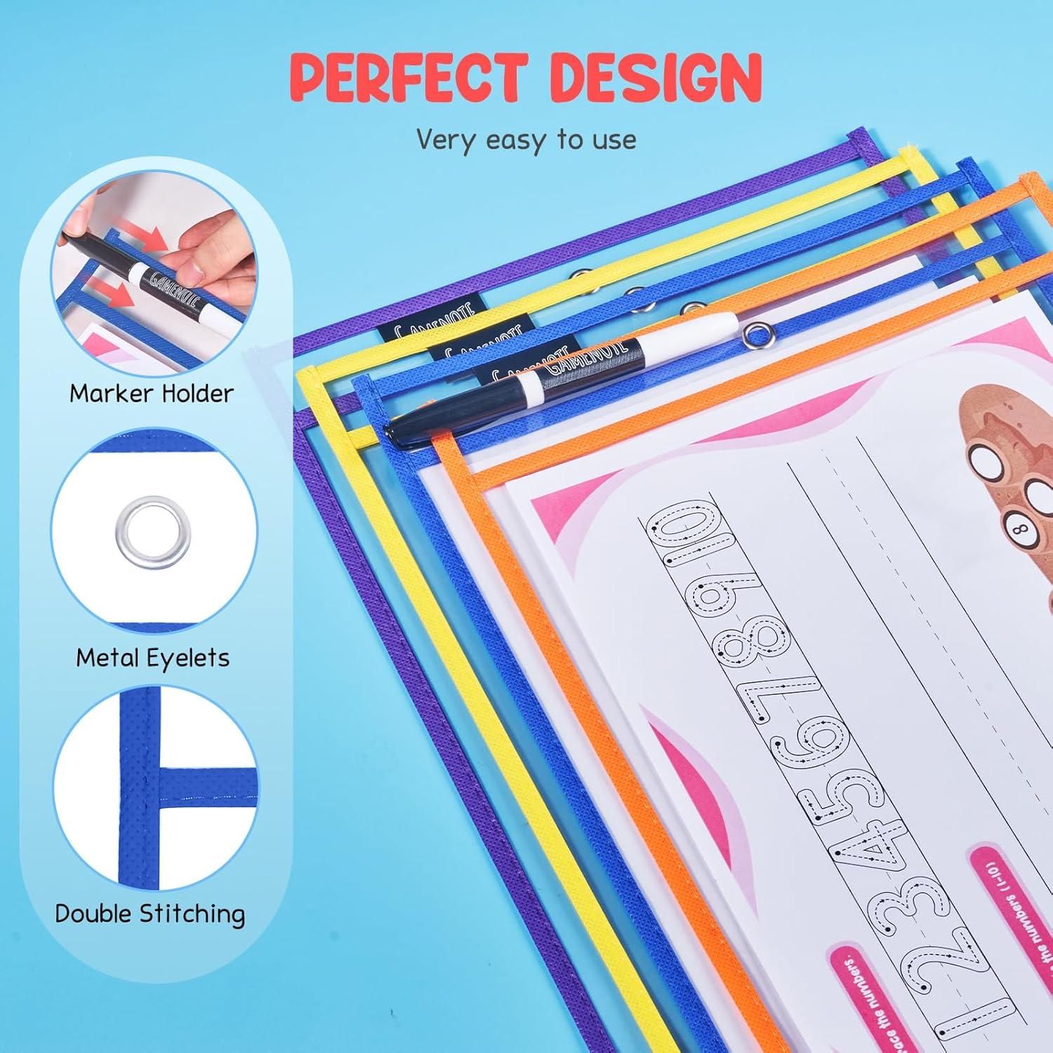 Gamenote 6 Pack Magnetic Small White Board Set & Dry Erase Pockets 30 Pack with Rings