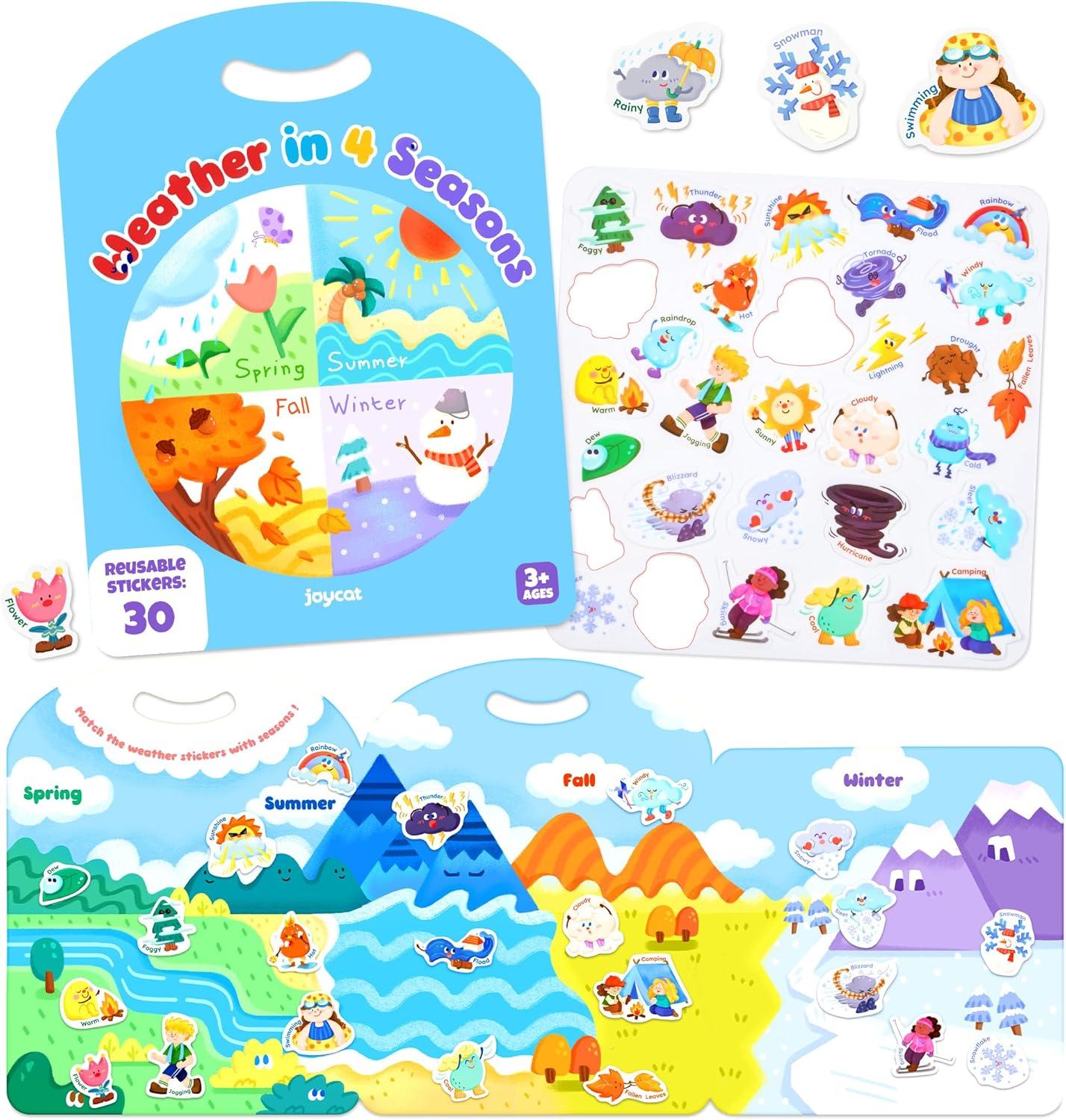 GAMENOTE Double Sided Magnetic Letter Board – 2 in 1 Alphabet Magnets Tracing Board + JoyCat Reusable Sticker Book – Jelly Stickers for Toddlers, Kids Sticker Activity Book