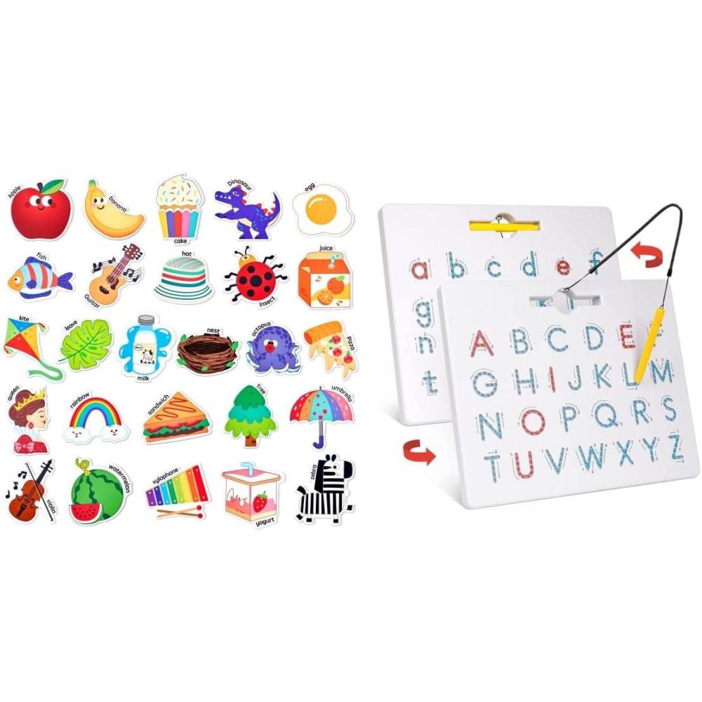 GAMENOTE Double Sided Magnetic Letter Board – 2 in 1 Alphabet Magnets Tracing Board for Toddlers + JoyCat Fridge Magnets for Toddlers & Kids – 26 Cute A-Z Objects, Large Magnetic Refrigerator Toys