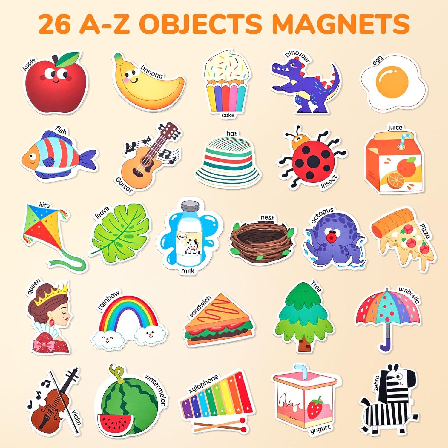 GAMENOTE Double Sided Magnetic Letter Board – 2 in 1 Alphabet Magnets Tracing Board for Toddlers + JoyCat Fridge Magnets for Toddlers & Kids – 26 Cute A-Z Objects, Large Magnetic Refrigerator Toys