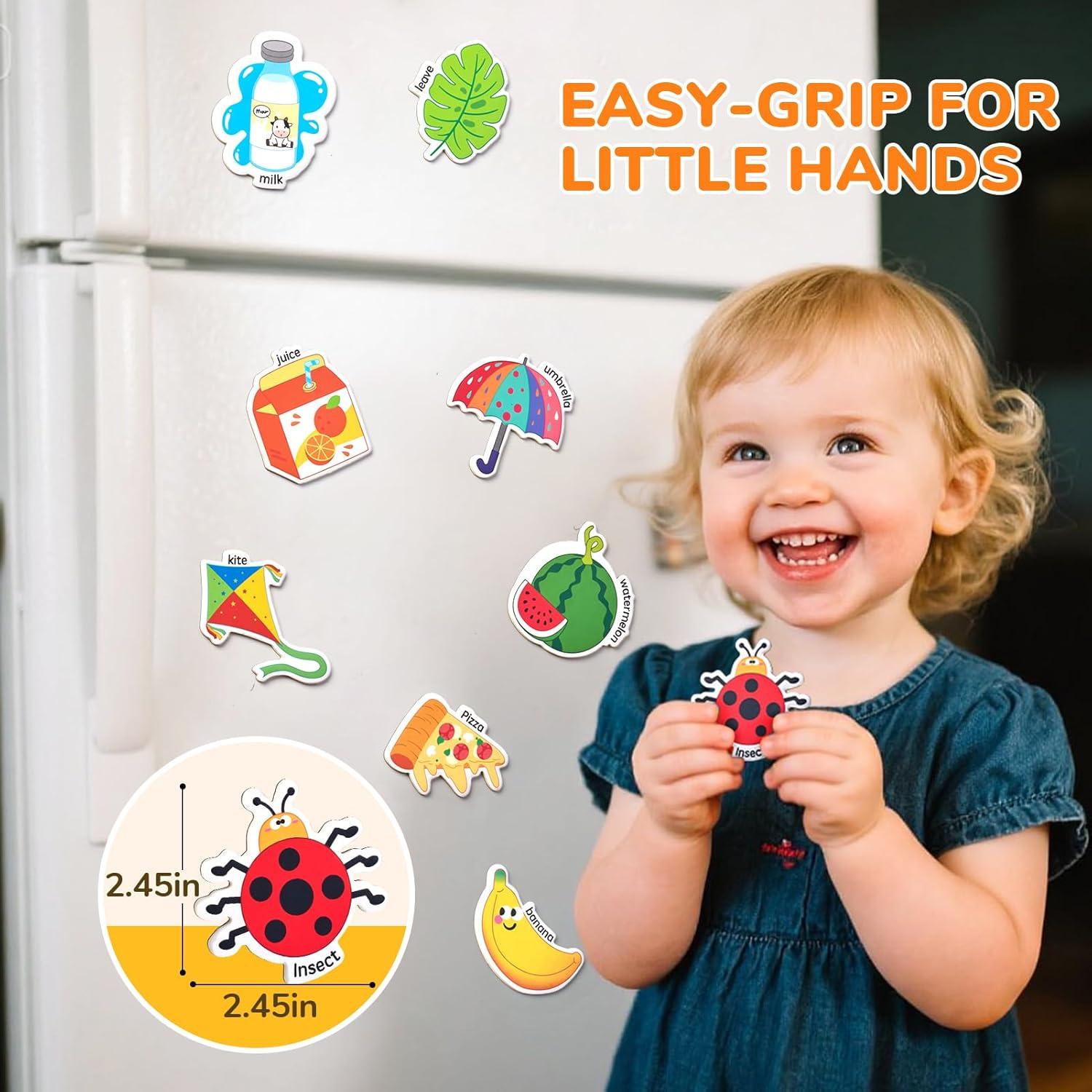 GAMENOTE Double Sided Magnetic Letter Board – 2 in 1 Alphabet Magnets Tracing Board for Toddlers + JoyCat Fridge Magnets for Toddlers & Kids – 26 Cute A-Z Objects, Large Magnetic Refrigerator Toys