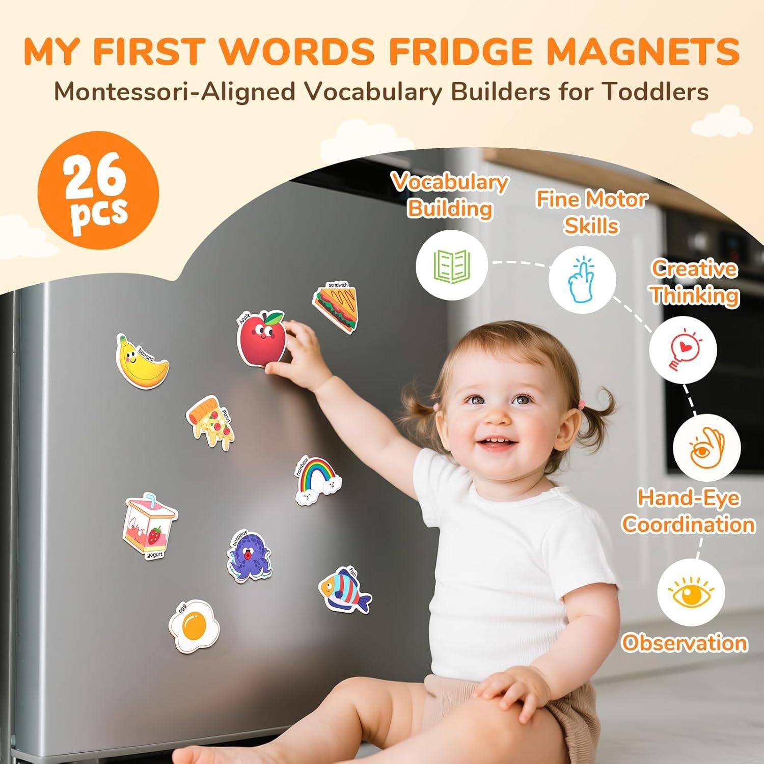 GAMENOTE Double Sided Magnetic Letter Board – 2 in 1 Alphabet Magnets Tracing Board for Toddlers + JoyCat Fridge Magnets for Toddlers & Kids – 26 Cute A-Z Objects, Large Magnetic Refrigerator Toys