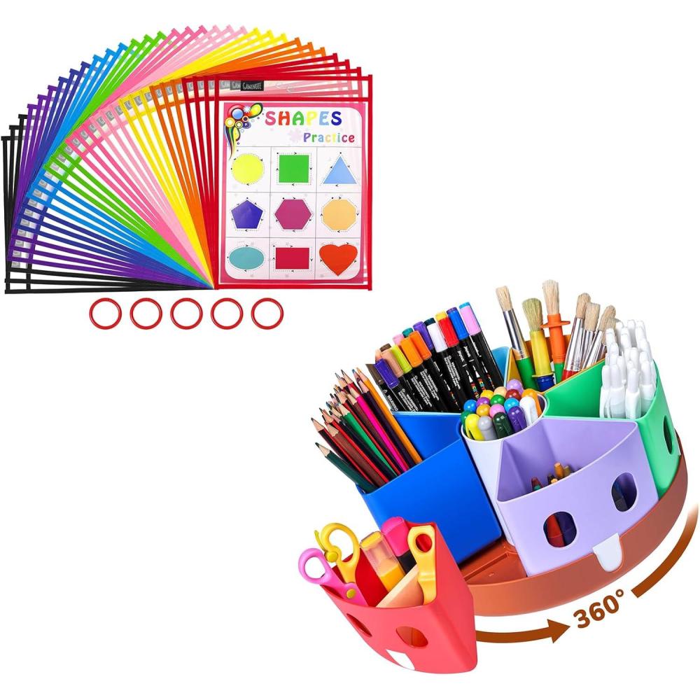 GAMENOTE Rotating Art Supplies Organizer & Dry Erase Pockets 30 Pack with Rings