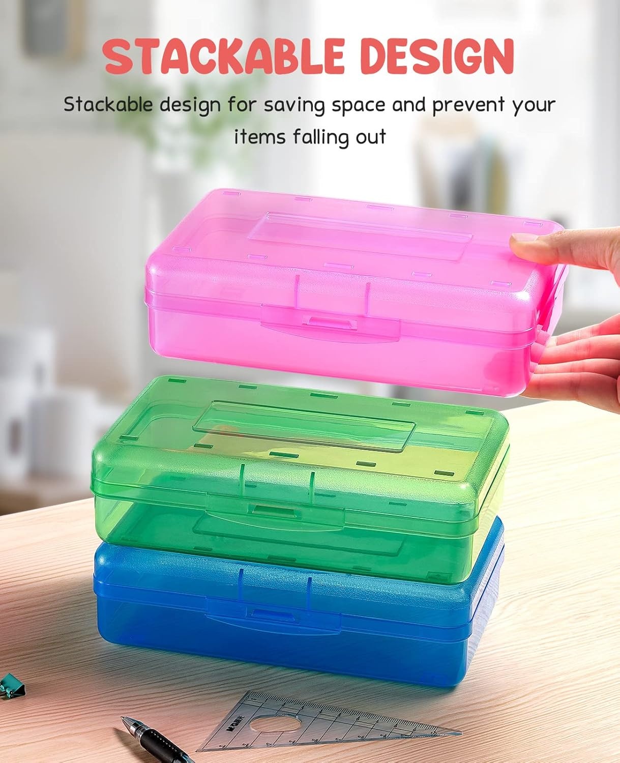 GAMENOTE Assorted Colors Plastic Pencil Case Box 6pcs Rotating Art Supply Organizer Office School Supplies for Kids Desk Organizers