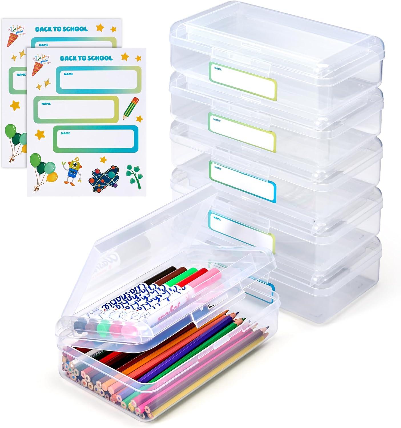 GAMENOTE Colored Plastic Storage Bins with Lids,Kids Hard Pencil Case with Snap-tight Lid,Storage Box for Classroom