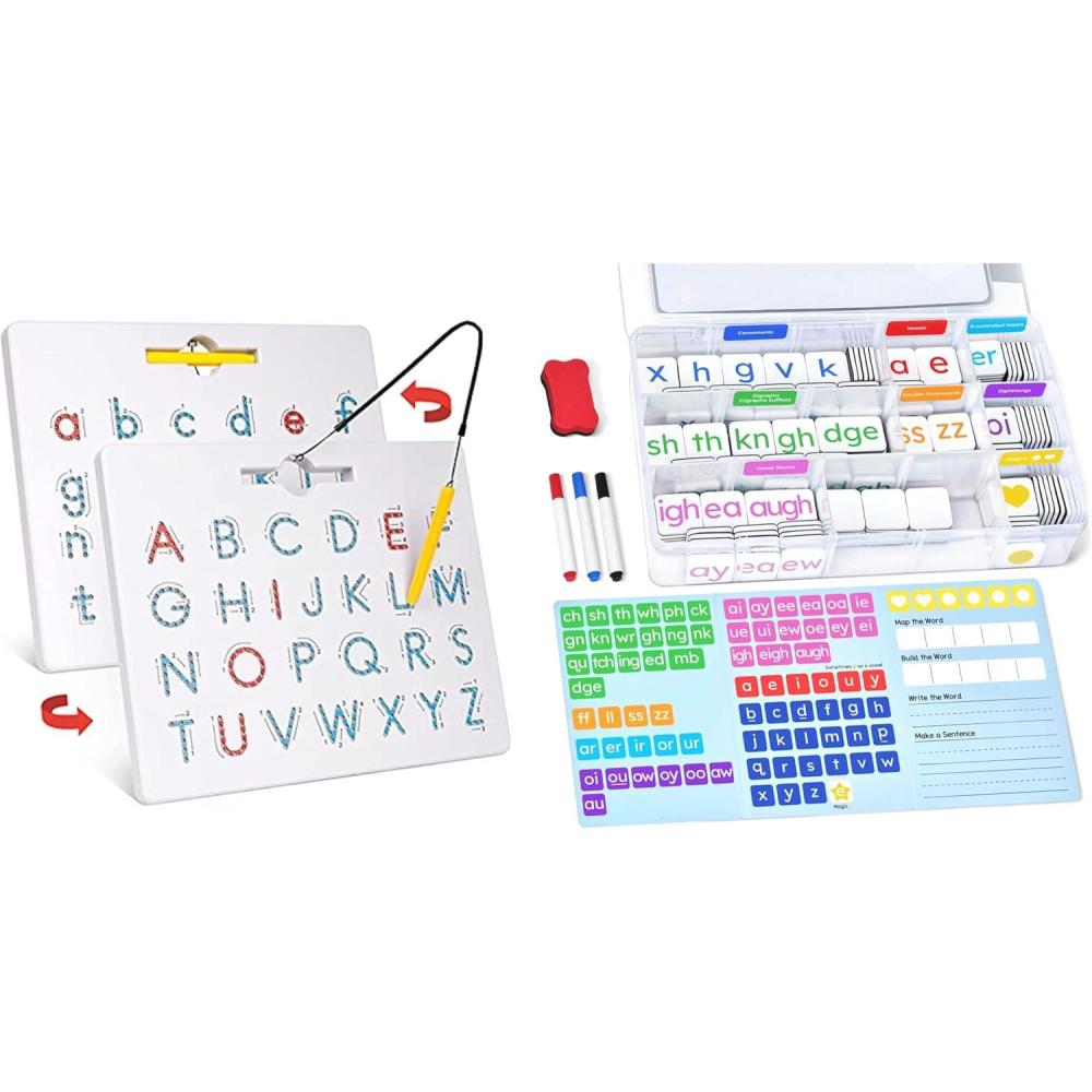 GAMENOTE Double Sided Magnetic Letter Board+JoyCat Phonics Word Magnetic Letter Tiles-265 Alphabet Tiles, Magnetic Letters Kit with Word-Building Folder and Storage Case, Kindergarten Phonics Awarenes
