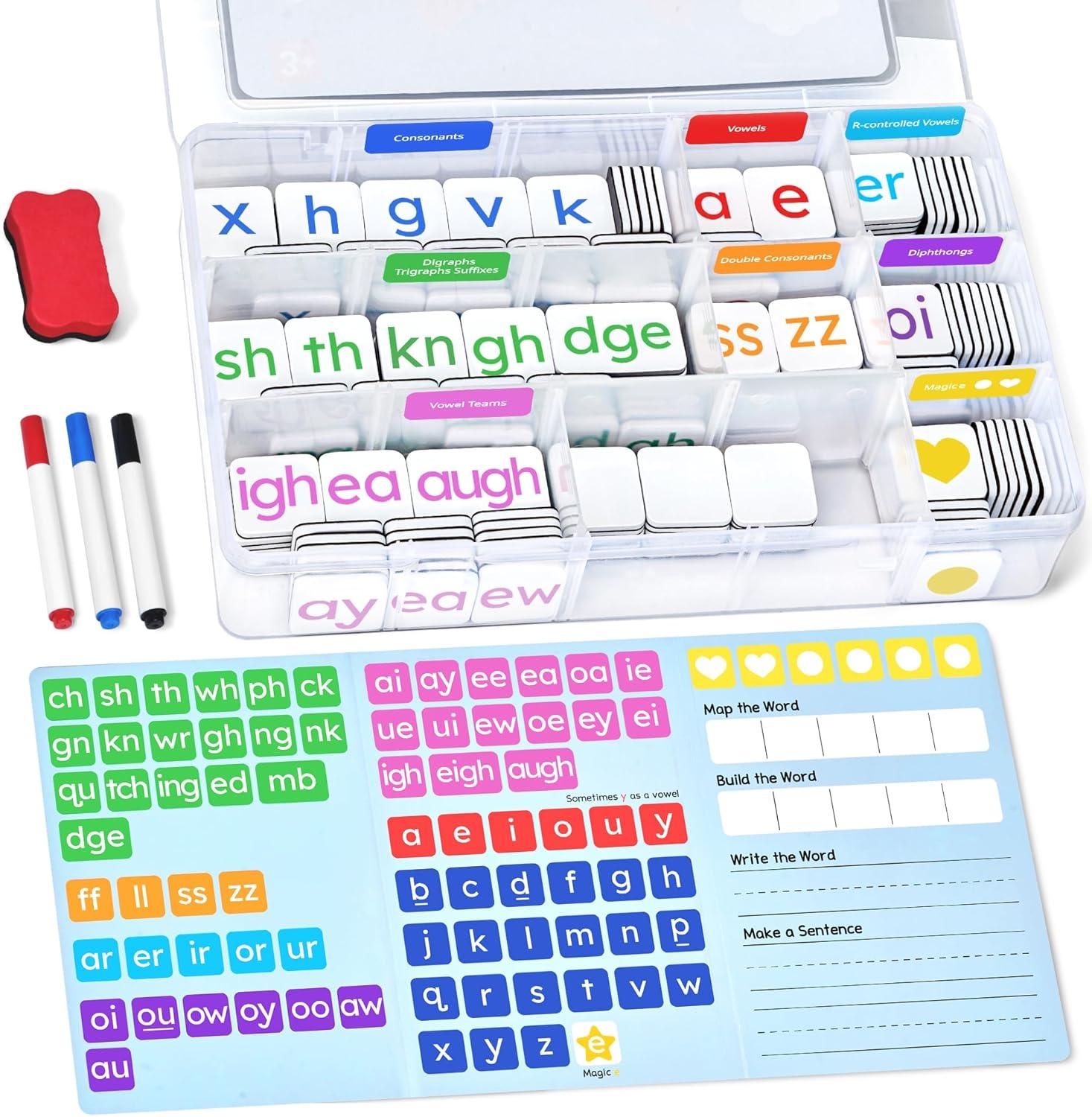 GAMENOTE Double Sided Magnetic Letter Board+JoyCat Phonics Word Magnetic Letter Tiles-265 Alphabet Tiles, Magnetic Letters Kit with Word-Building Folder and Storage Case, Kindergarten Phonics Awarenes
