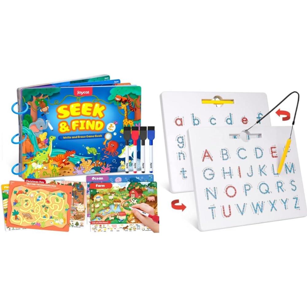 GAMENOTE Double Sided Magnetic Letter Board+JoyCat Seek & Find Game Books – Preschool Learning Activity for Toddlers & Kids Ages 3-5, Travel Activities Toys for Road Trip Car Airplane