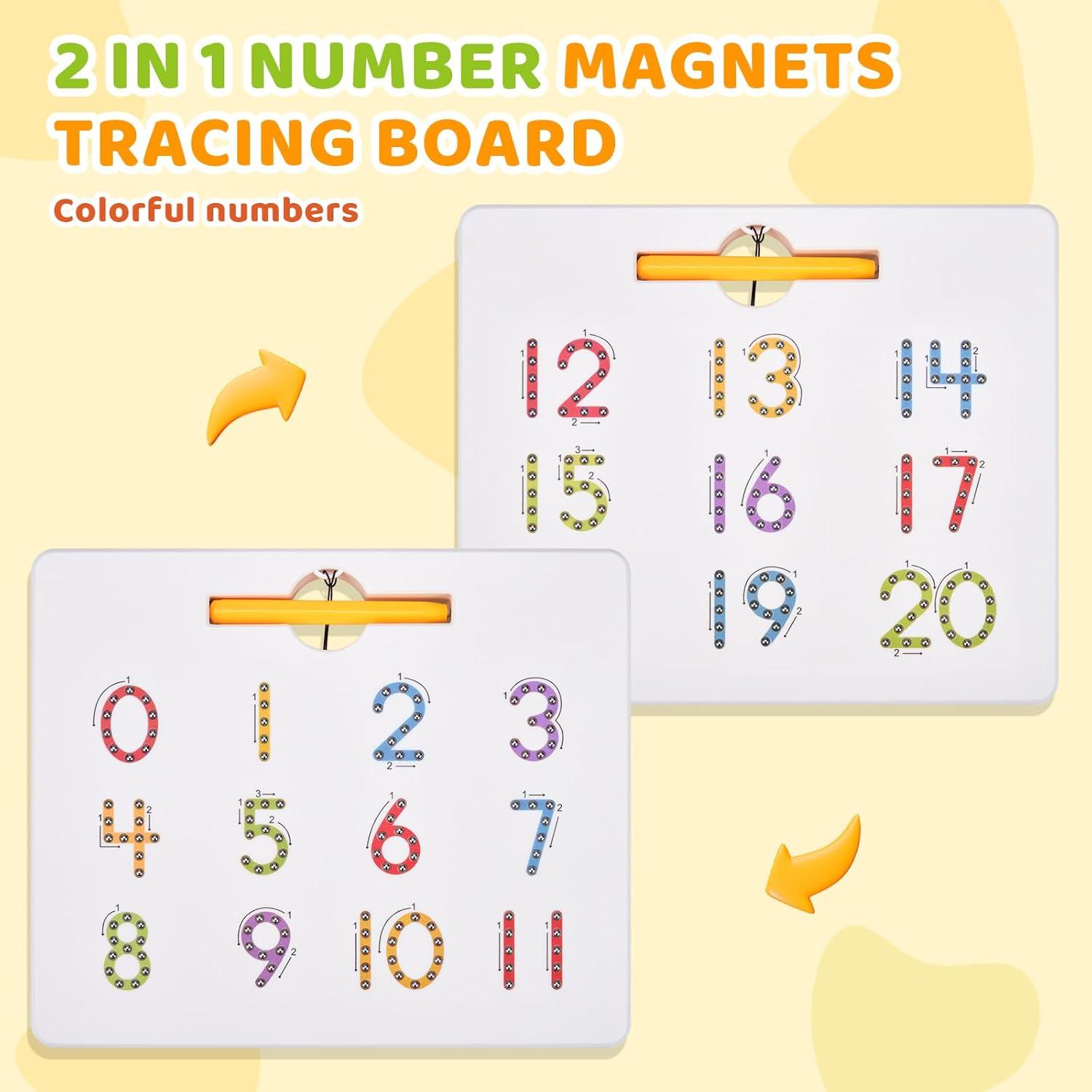 GAMENOTE Magnetic Number Tracing Board + JoyCat Fridge Magnets for Toddlers & Kids – 26 Cute A-Z Objects, Large Magnetic Refrigerator Toys
