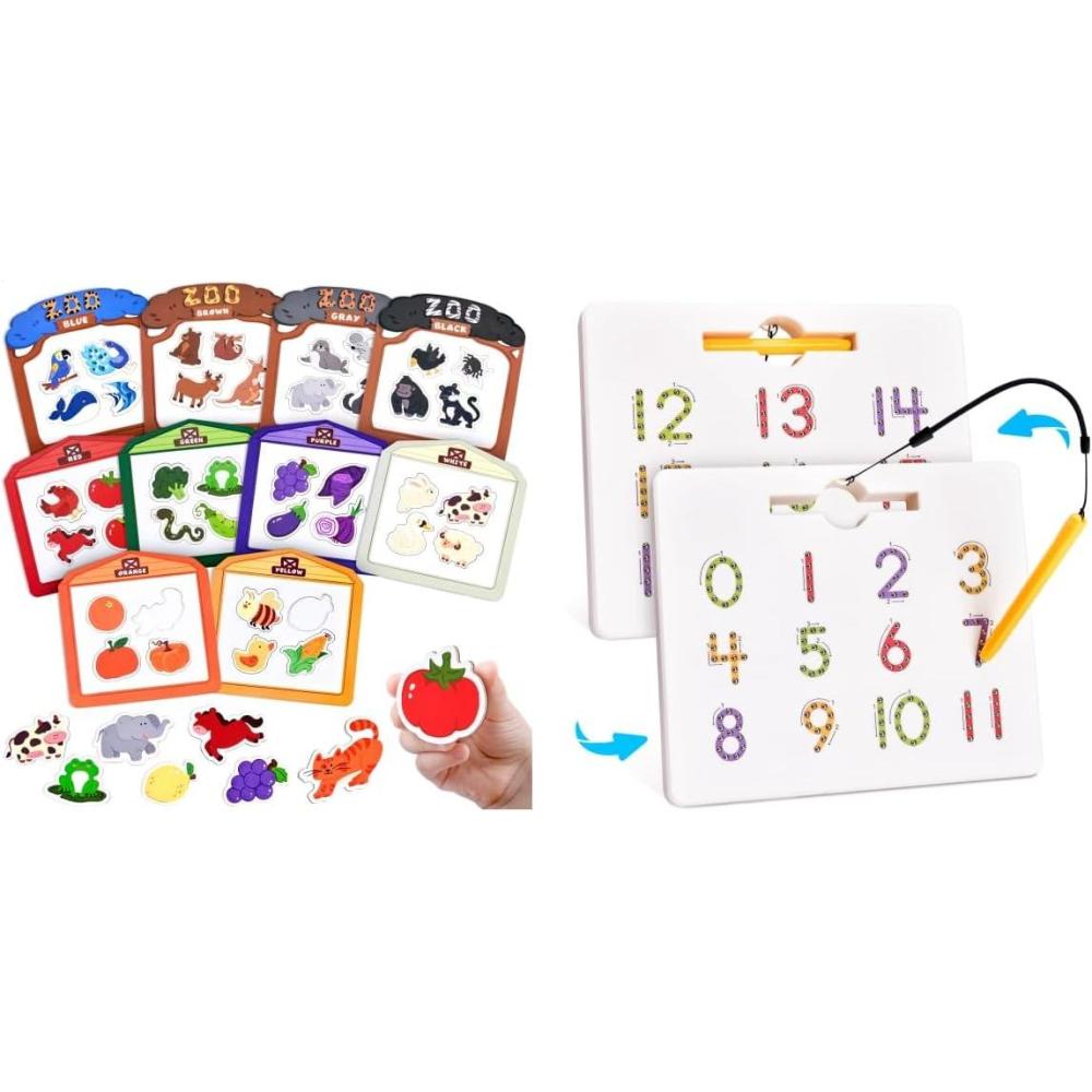 JoyCat Color Sorting Sensory Toys, 10-Piece Wooden Magnetic Color Set for Toddlers + GAMENOTE Magnetic Number Tracing Board