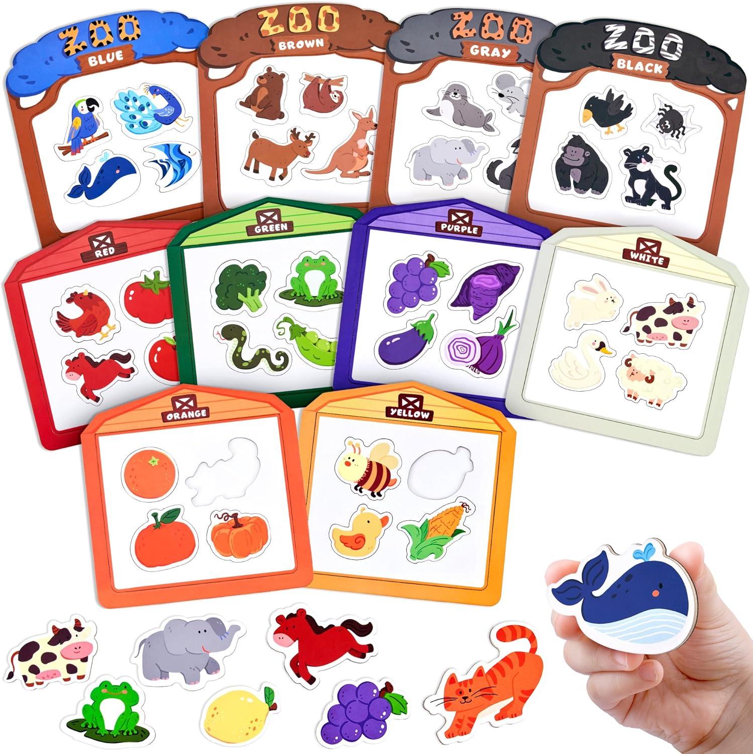 JoyCat Color Sorting Sensory Toys, 10-Piece Wooden Magnetic Color Set for Toddlers + GAMENOTE Magnetic Number Tracing Board