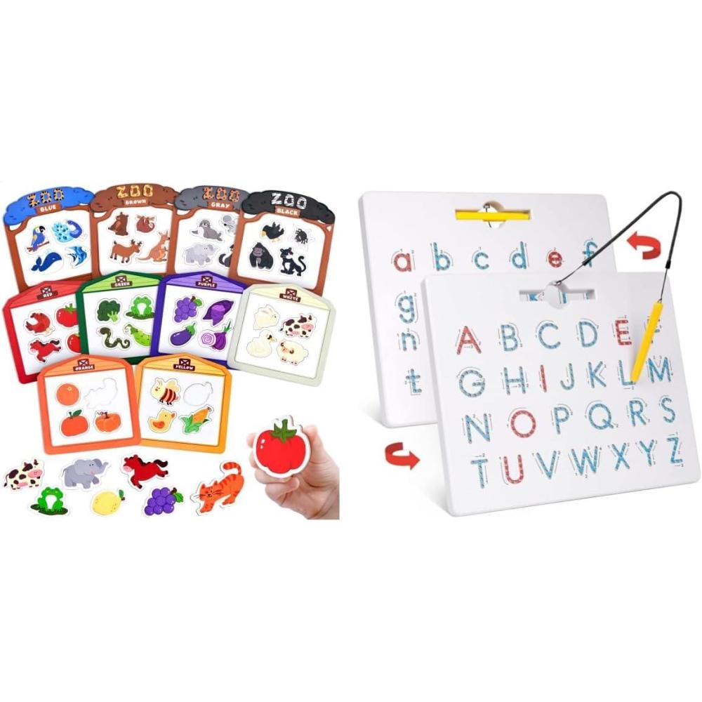 GAMENOTE JoyCat Color Sorting Sensory Toys, 10-Piece Wooden Magnetic Color Set for Toddlers Double Sided Magnetic Letter Board