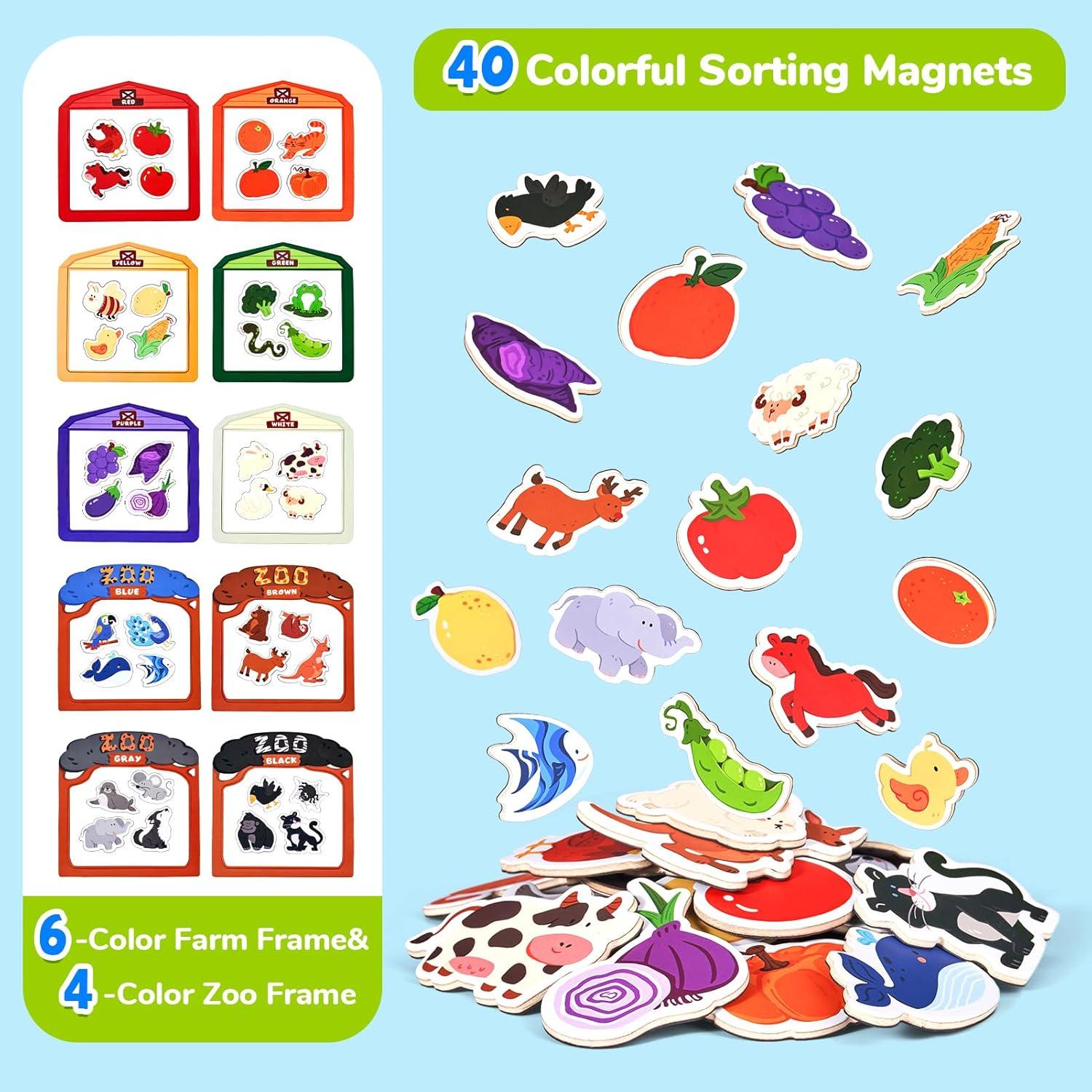 GAMENOTE JoyCat Color Sorting Sensory Toys, 10-Piece Wooden Magnetic Color Set for Toddlers Double Sided Magnetic Letter Board
